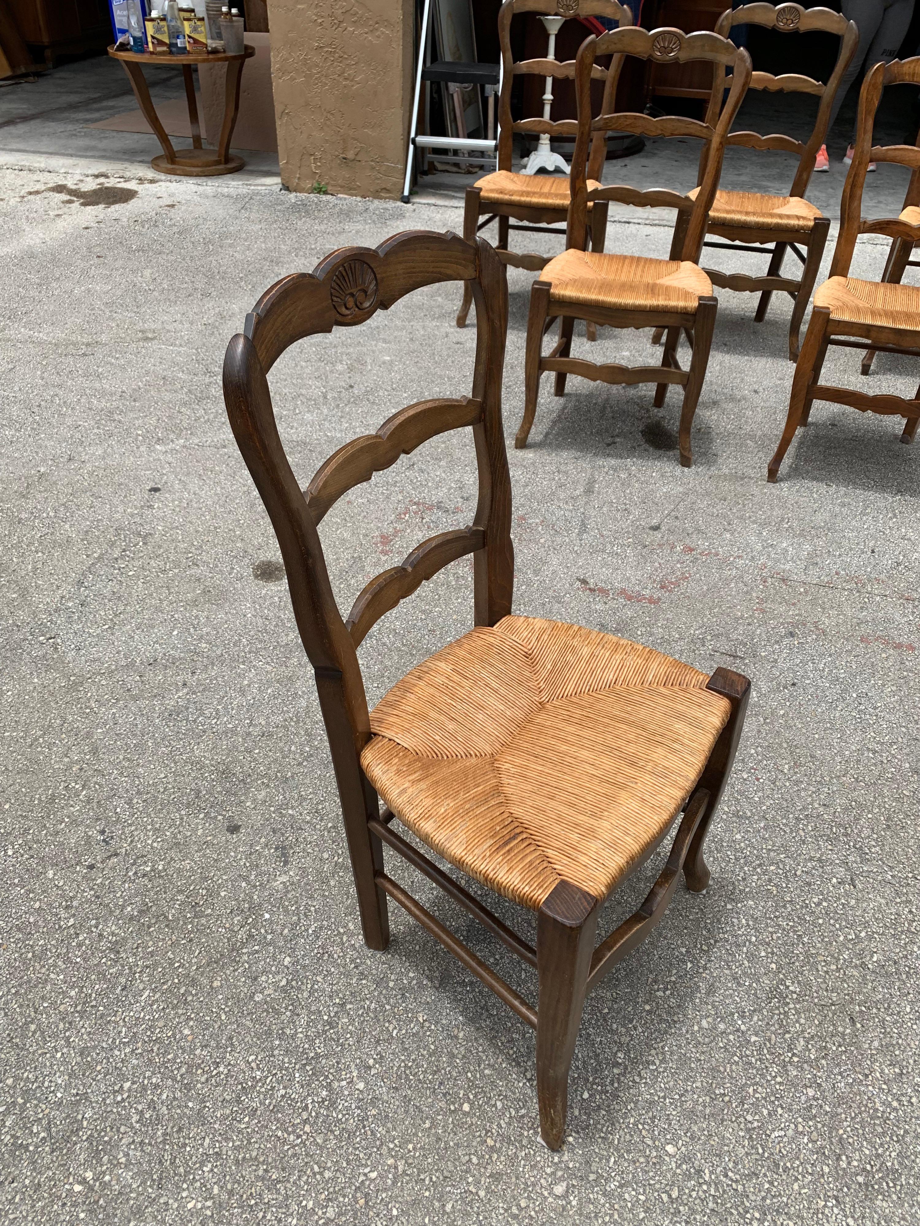Set of 6 Vintage French Country Rush Seat Solid Walnut Dining Chairs, 1910s 6