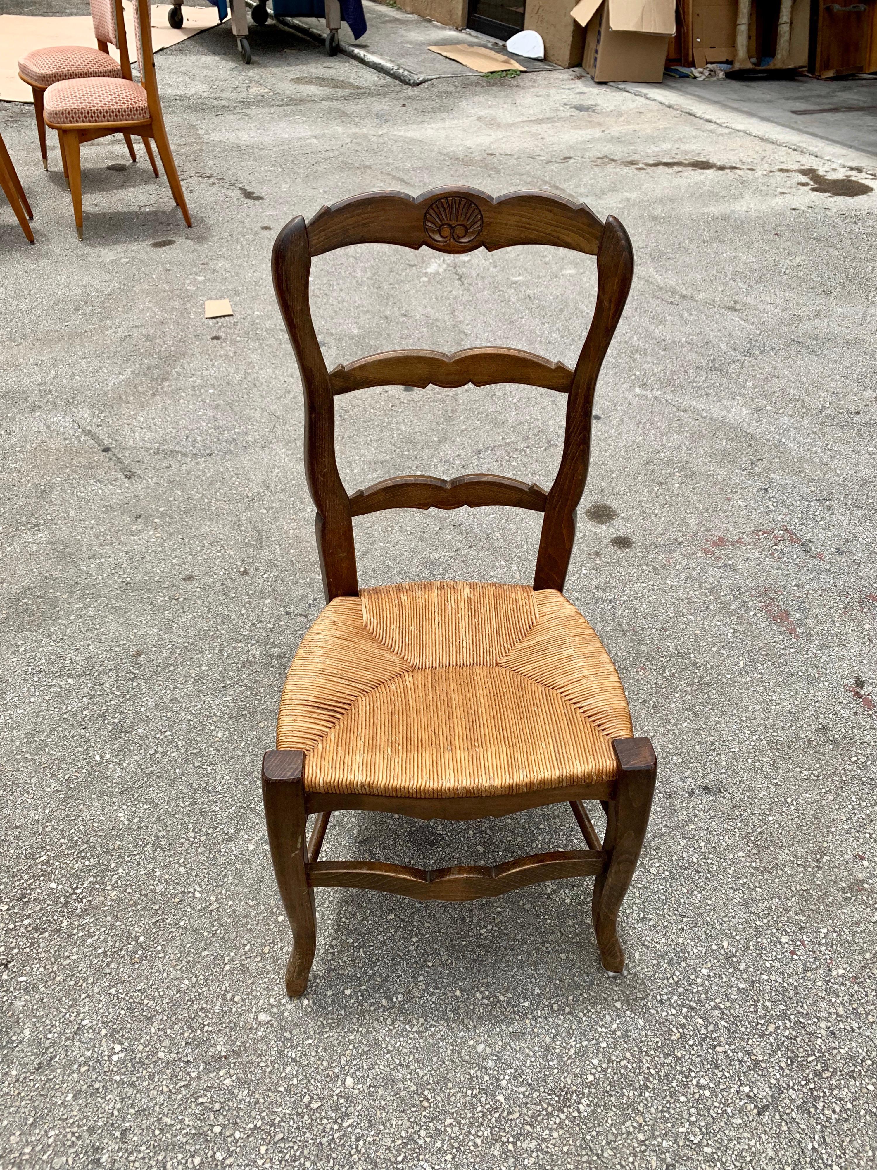 Set of 6 Vintage French Country Rush Seat Solid Walnut Dining Chairs, 1910s 7
