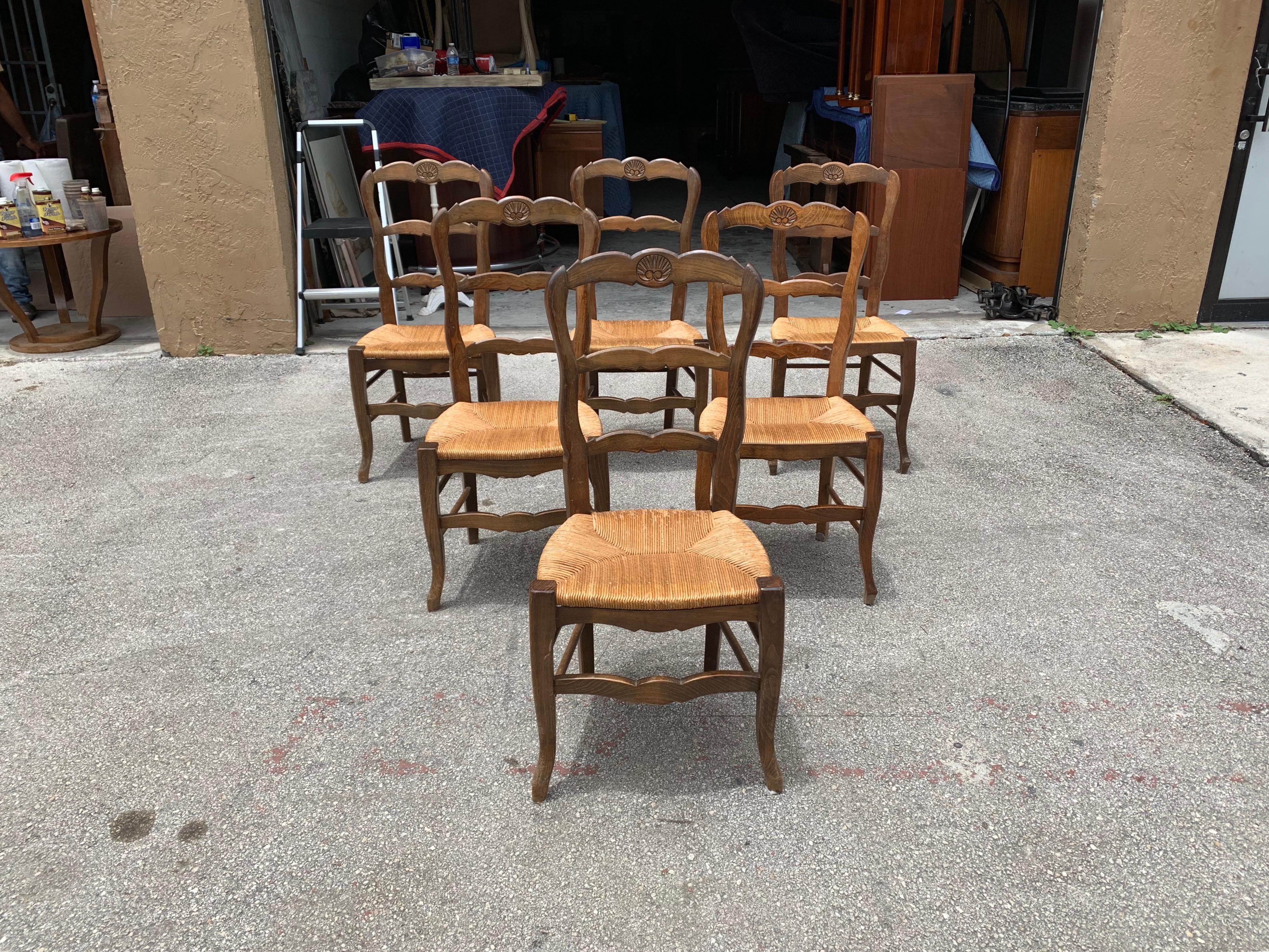 Set of 6 Vintage French Country Rush Seat Solid Walnut Dining Chairs, 1910s 1