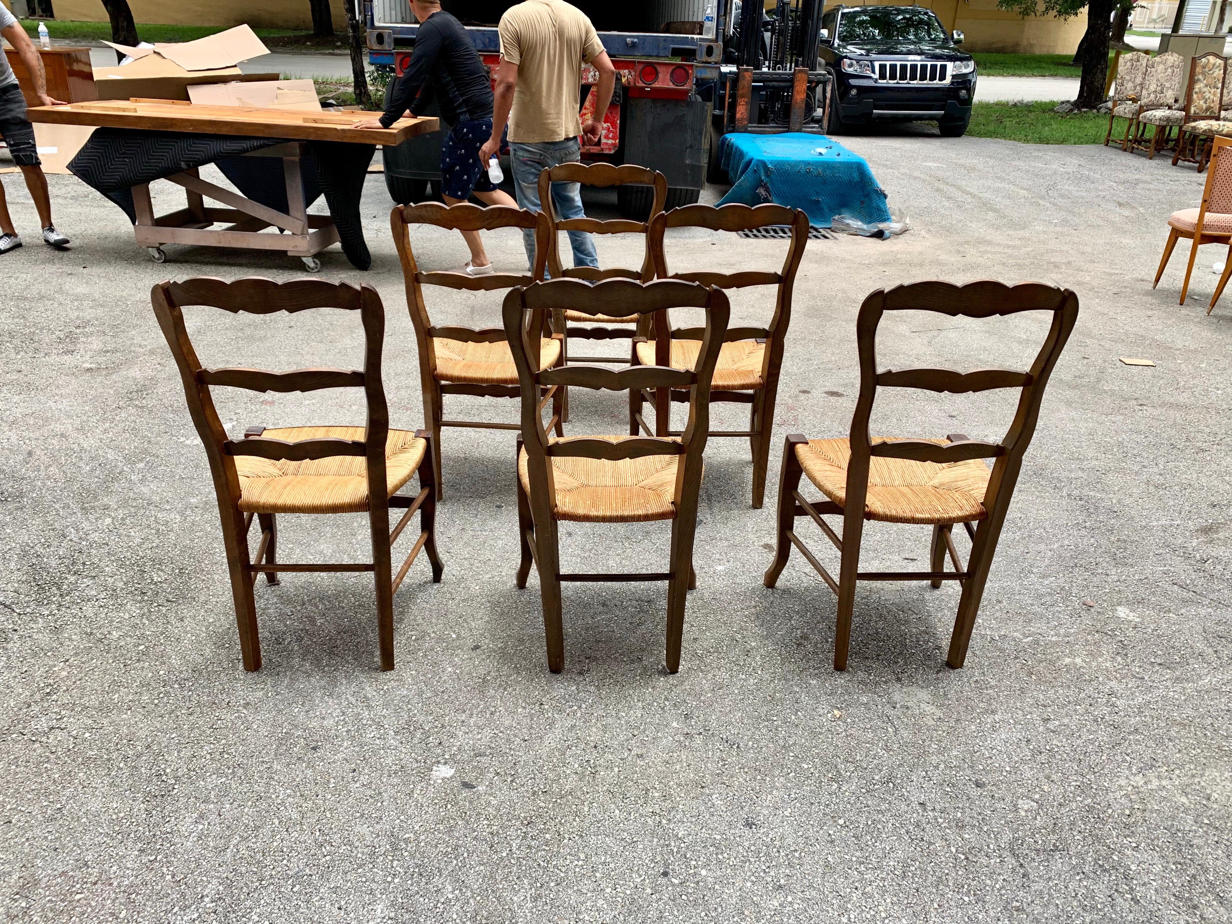 Set of 6 Vintage French Country Rush Seat Solid Walnut Dining Chairs, 1910s 2