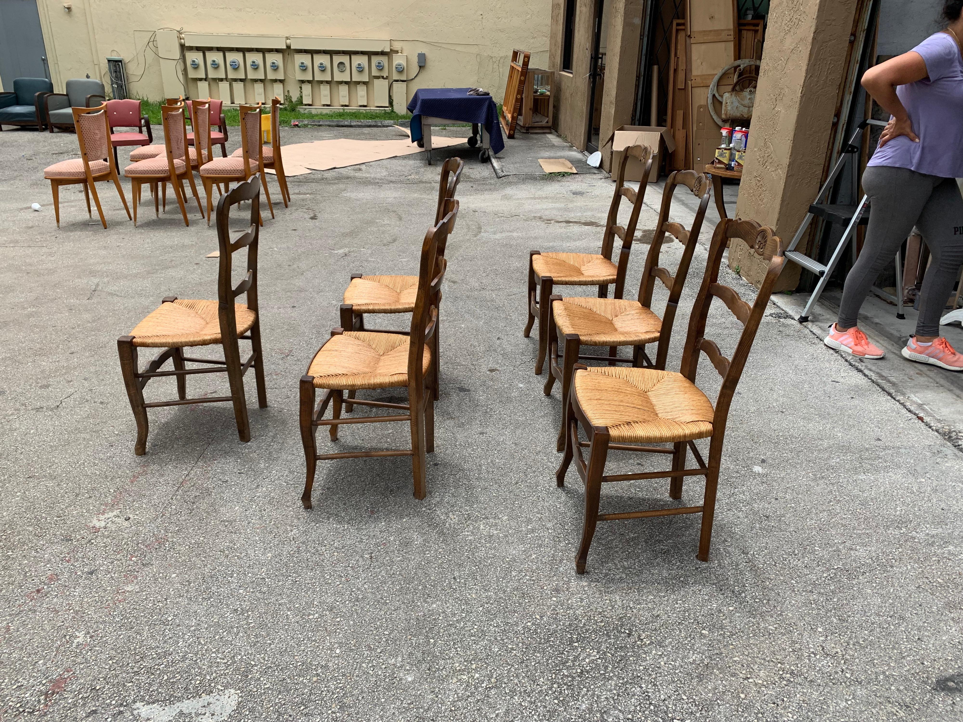 Set of 6 Vintage French Country Rush Seat Solid Walnut Dining Chairs, 1910s 3