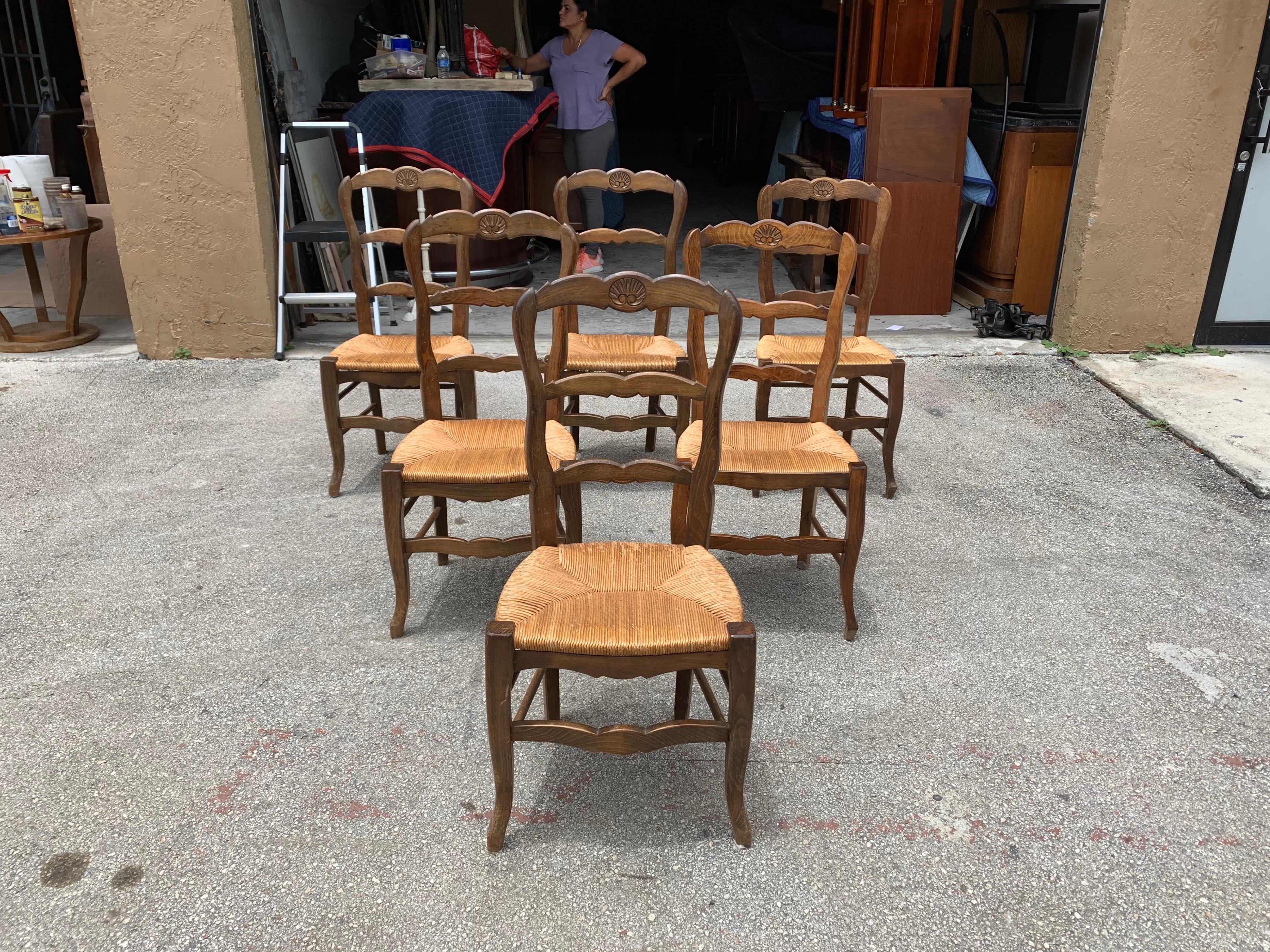 Set of 6 Vintage French Country Rush Seat Solid Walnut Dining Chairs, 1910s 4
