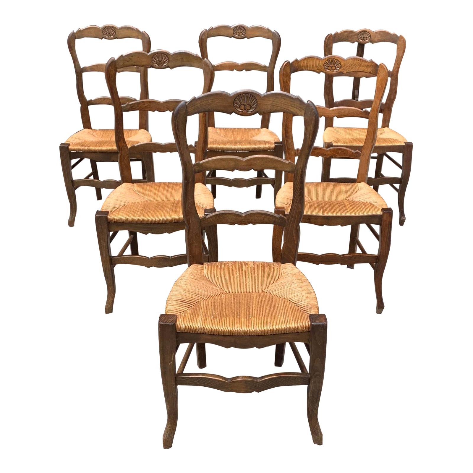 Set of 6 Vintage French Country Rush Seat Solid Walnut Dining Chairs, 1910s