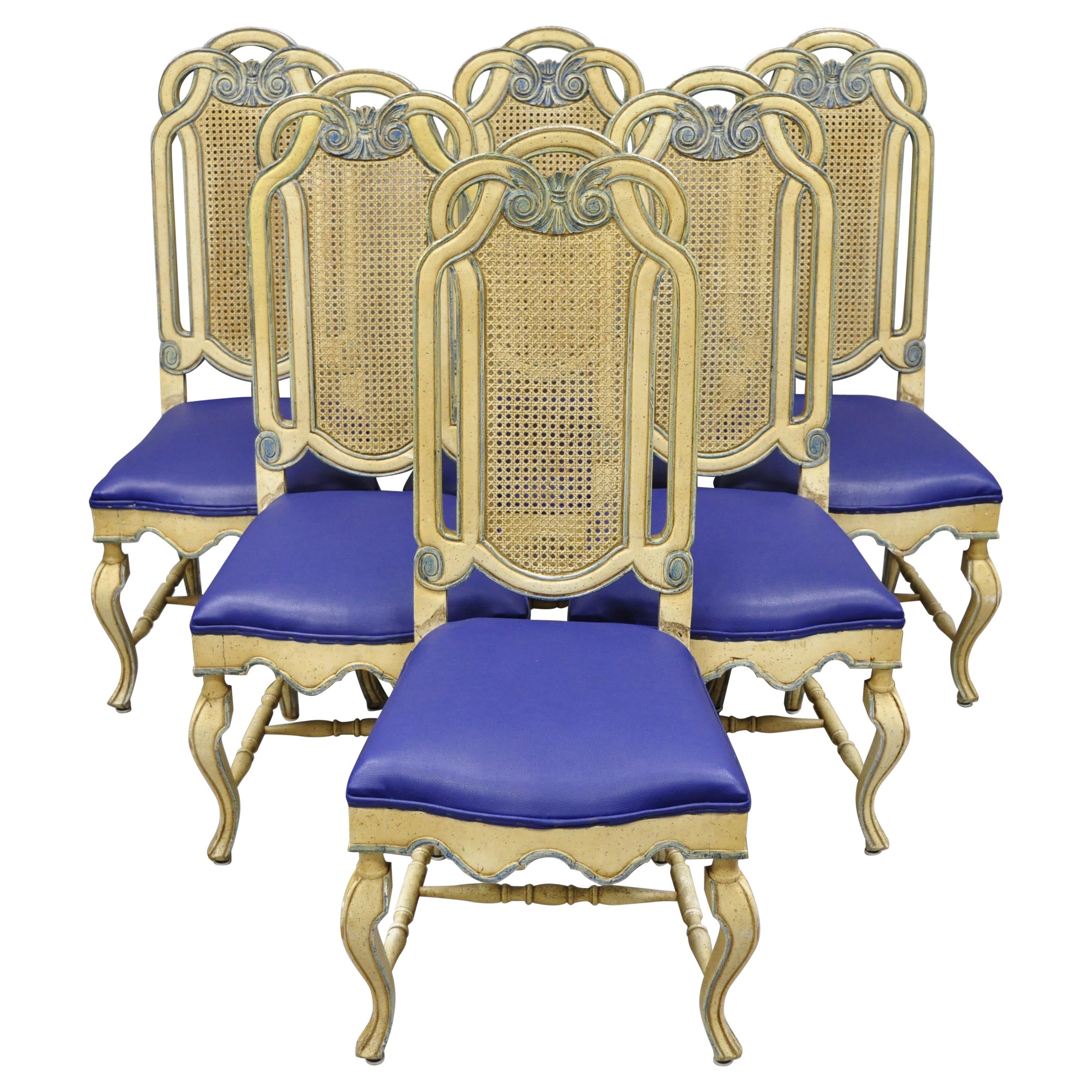Set of 6 Vintage French Hollywood Regency Style Cane Pretzel Back Dining Chairs For Sale