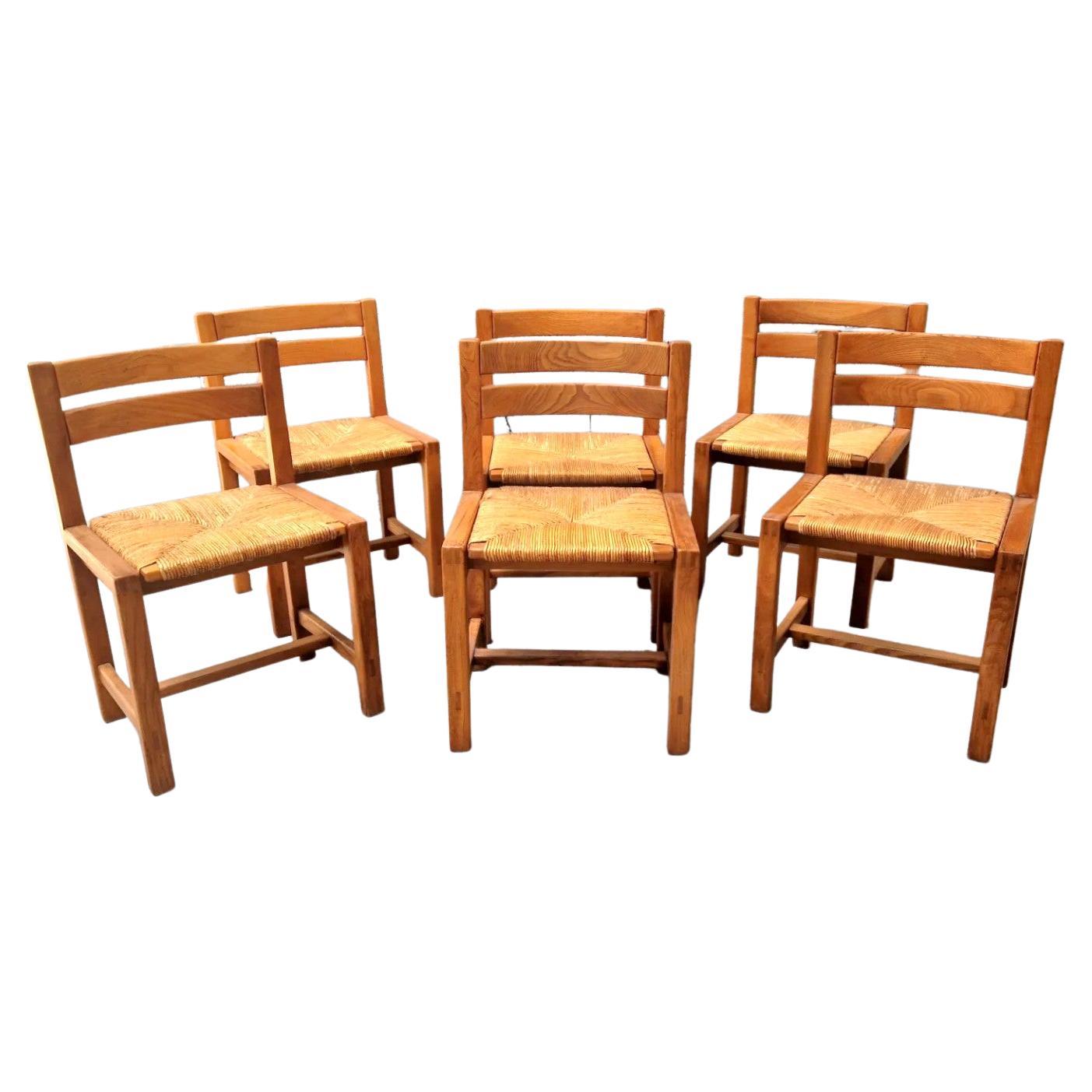Set of 6 Vintage French Solid Elm and Raw Dining Chairs, Maison Regain