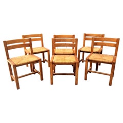 Ensemble de 6 chaises de salle à manger vintage en orme massif et bois brut, Maison Regain