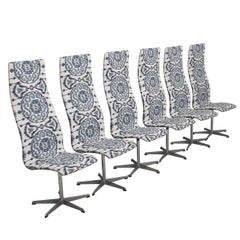 Set of 6 Vintage Fritz Hansen Oxford Chairs in New Blue & White Ikat Upholstery