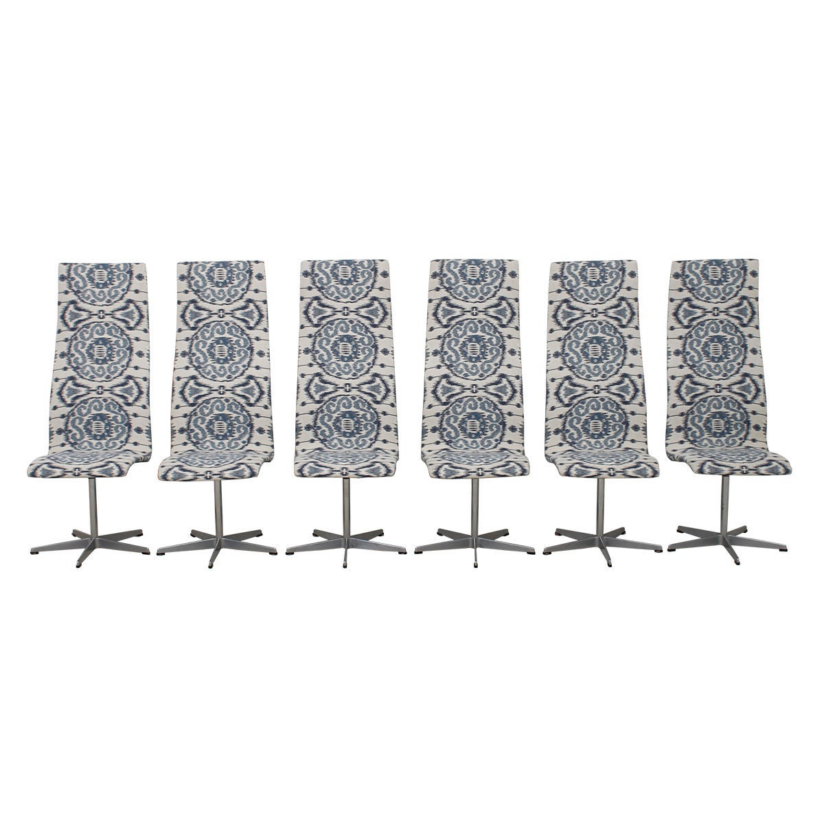 Ensemble de 6 chaises Oxford vintage Fritz Hansen en tissu Ikat bleu et blanc, neuves en vente