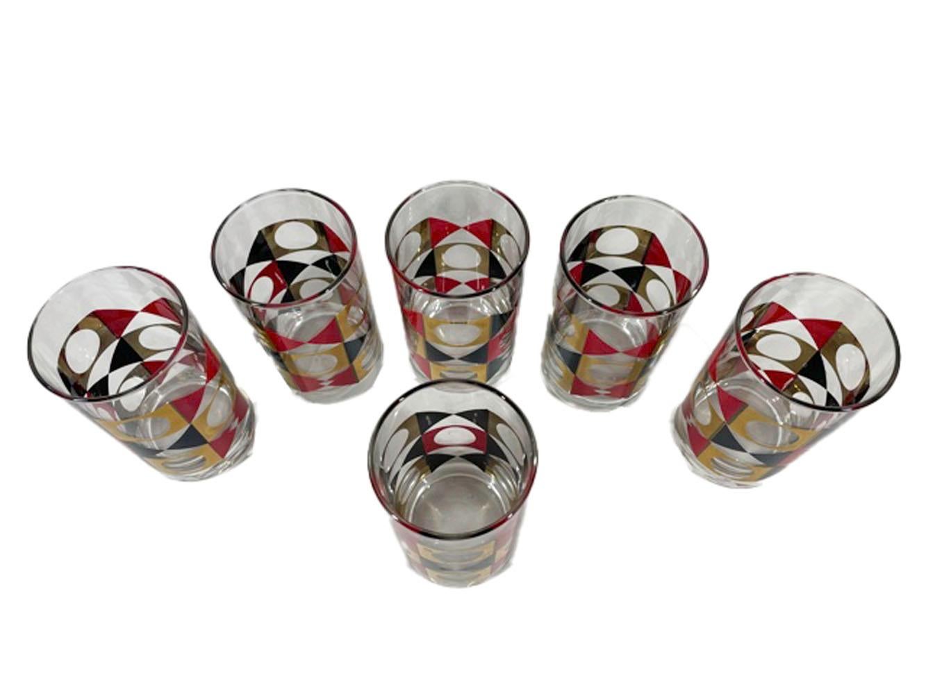American Set of 6 Vintage Geometric Cocktail Glasses in Red & Black Enamel with 22k Gold For Sale
