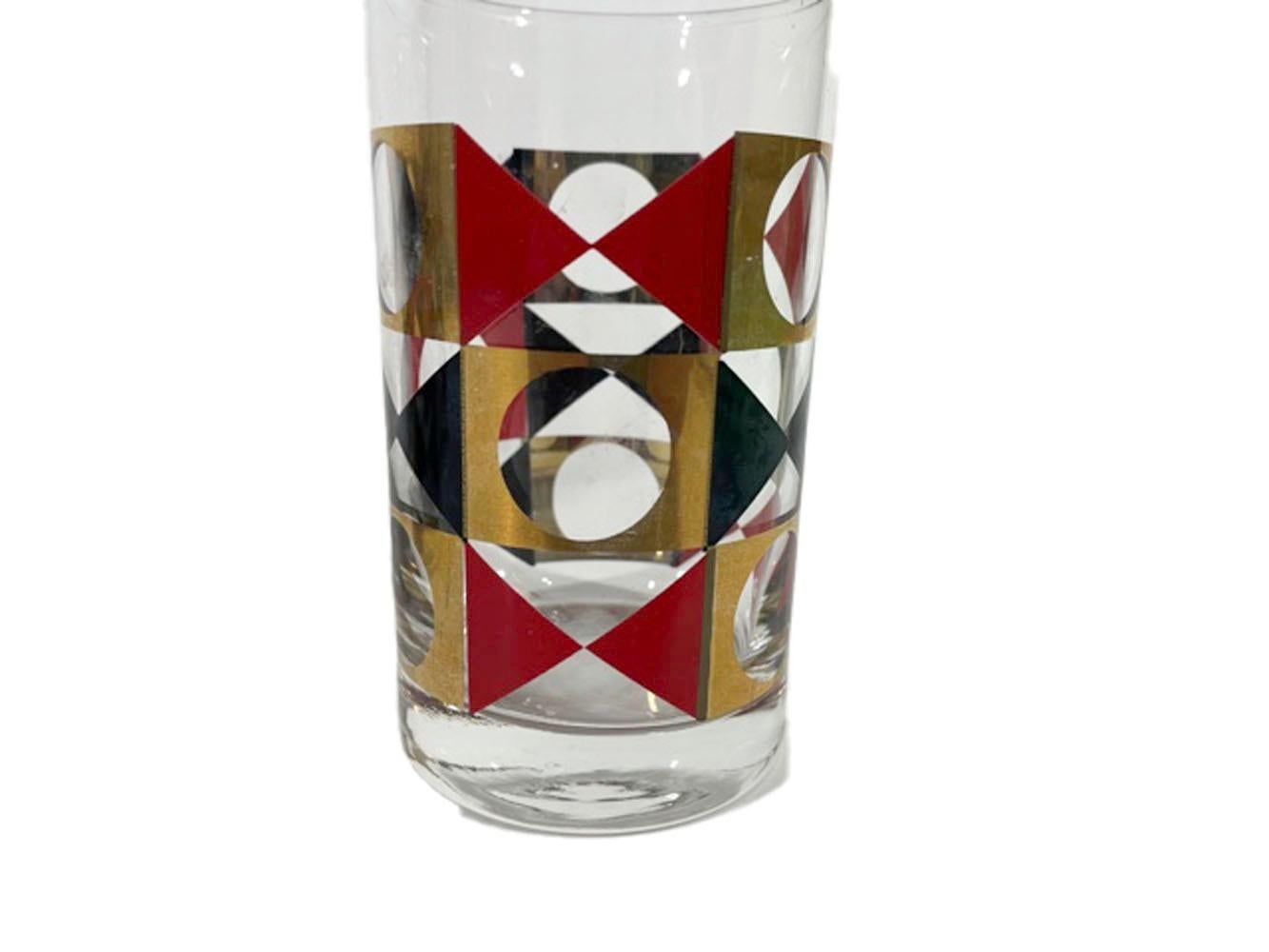 20th Century Set of 6 Vintage Geometric Cocktail Glasses in Red & Black Enamel with 22k Gold For Sale