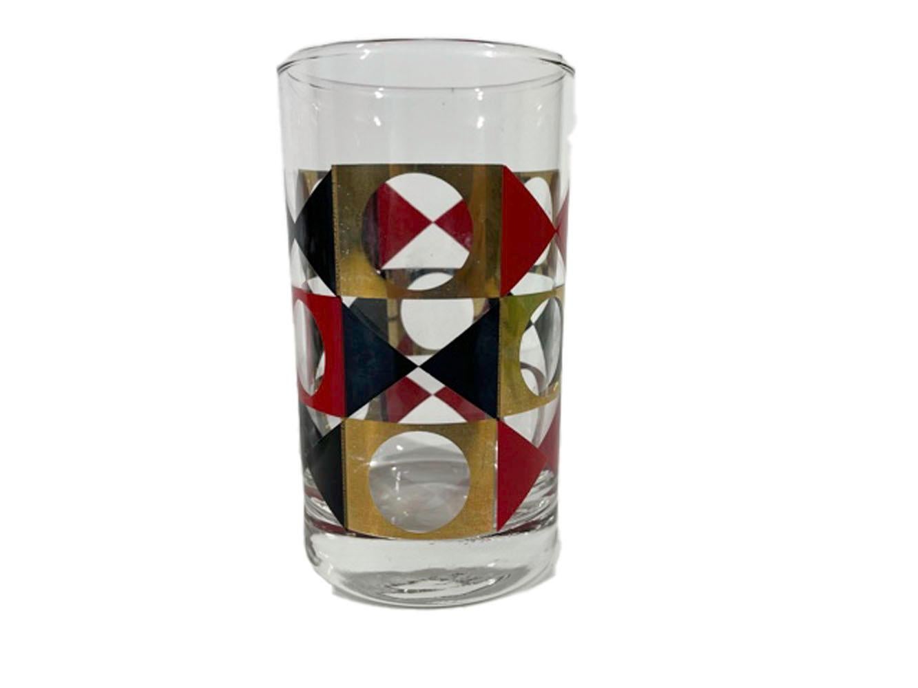 Set of 6 Vintage Geometric Cocktail Glasses in Red & Black Enamel with 22k Gold For Sale 1
