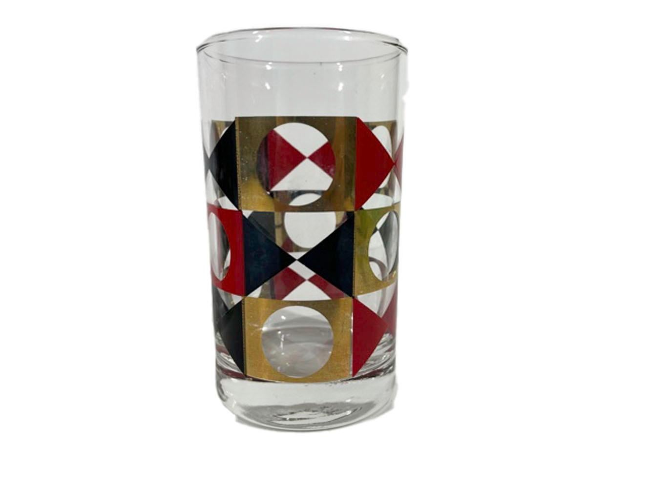 Set von 6 geometrischen Vintage-Cocktailgläsern aus roter und schwarzer Emaille mit 22-karätigem Gold (Glas) im Angebot