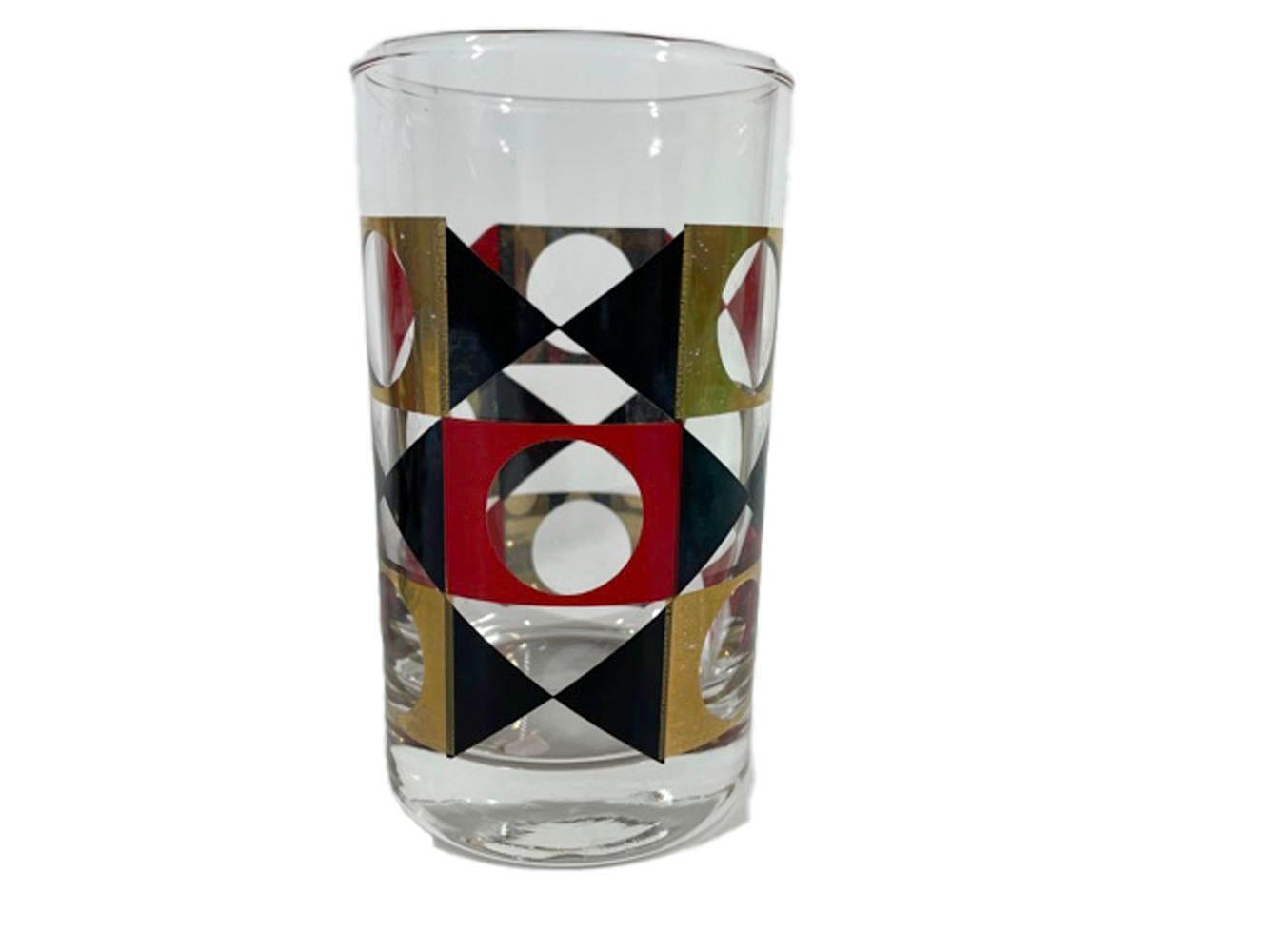 Set of 6 Vintage Geometric Cocktail Glasses in Red & Black Enamel with 22k Gold For Sale 2