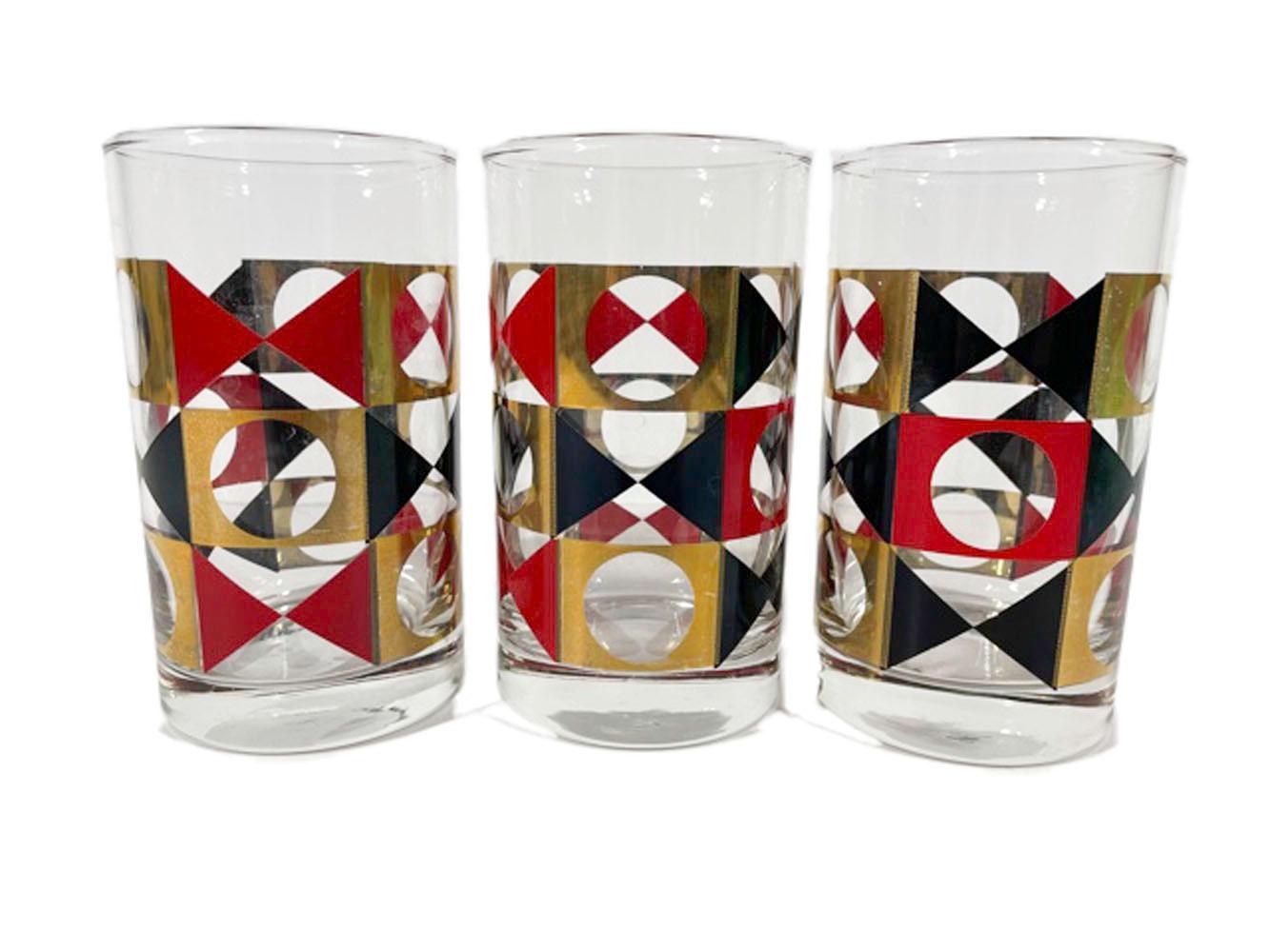 Set of 6 Vintage Geometric Cocktail Glasses in Red & Black Enamel with 22k Gold For Sale 3