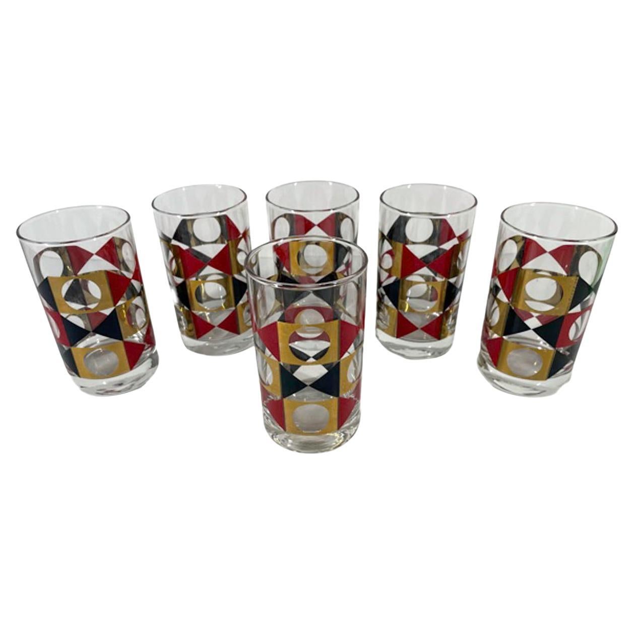 Set of 6 Vintage Geometric Cocktail Glasses in Red & Black Enamel with 22k Gold