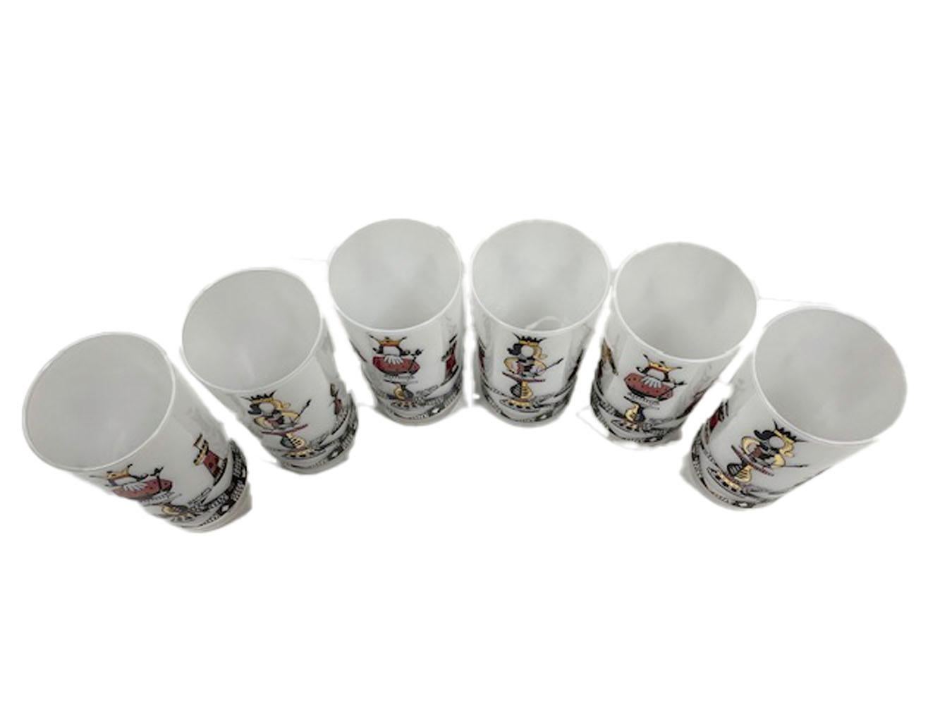 Set of 6 Georges Briard chess themed highball glasses - three king, three queen. Clear glass with white frosted interiors and exteriors decorated with chess pieces in black and red enamel with 22k gold.