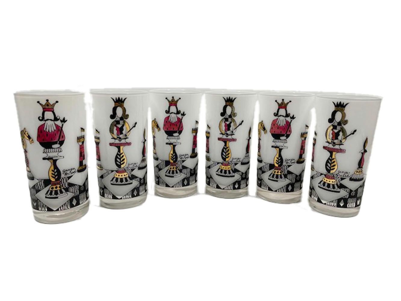 Mid-Century Modern Set of 6 Vintage Georges Briard Chess Themed Highball Glasses
