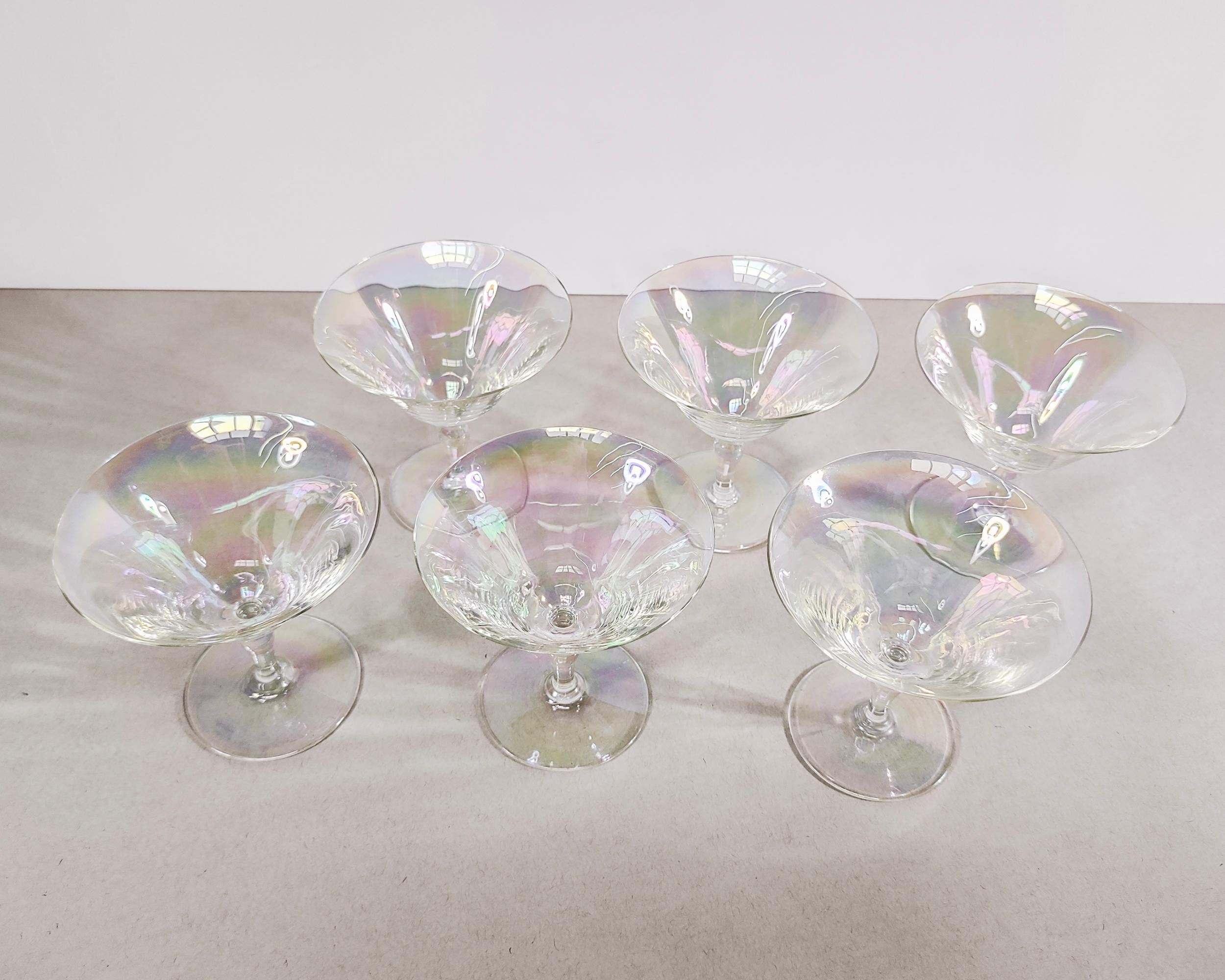 Art Deco Set of 6 Vintage Hand Blown Iridescent Luster Tulip Coupe Glasses 1930s For Sale