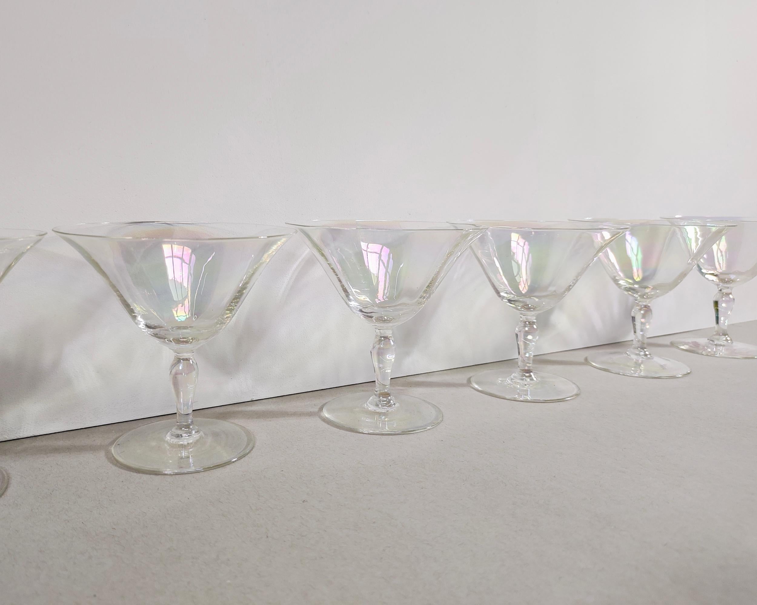 Art Deco Set of 6 Vintage Hand Blown Iridescent Luster Tulip Coupe Glasses 1930s For Sale