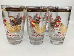 Set of 6 Vintage Highball Glasses With Rooster Decoration