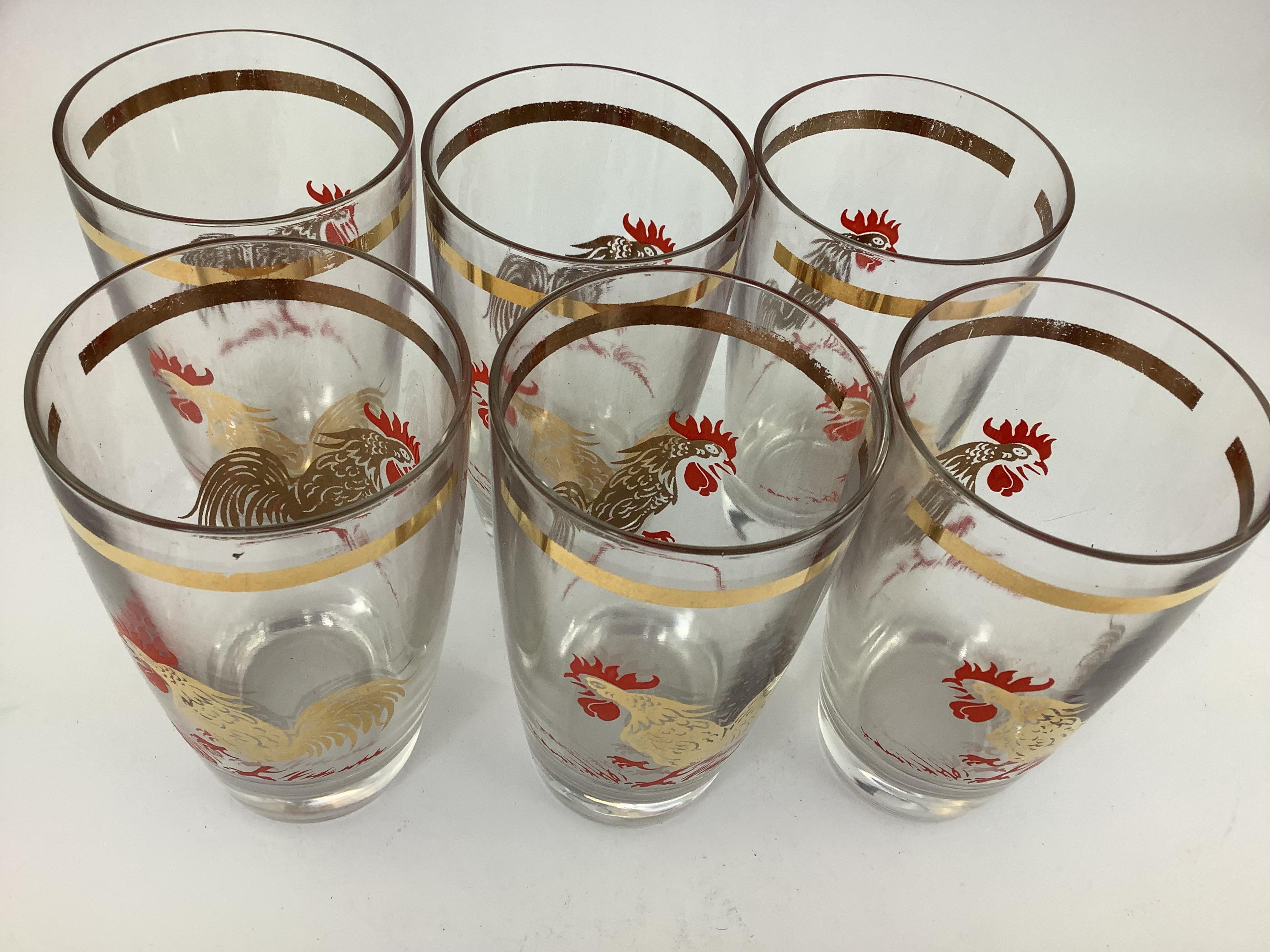 Américain Ensemble de 6 verres longs vintage décorés de coqs en vente