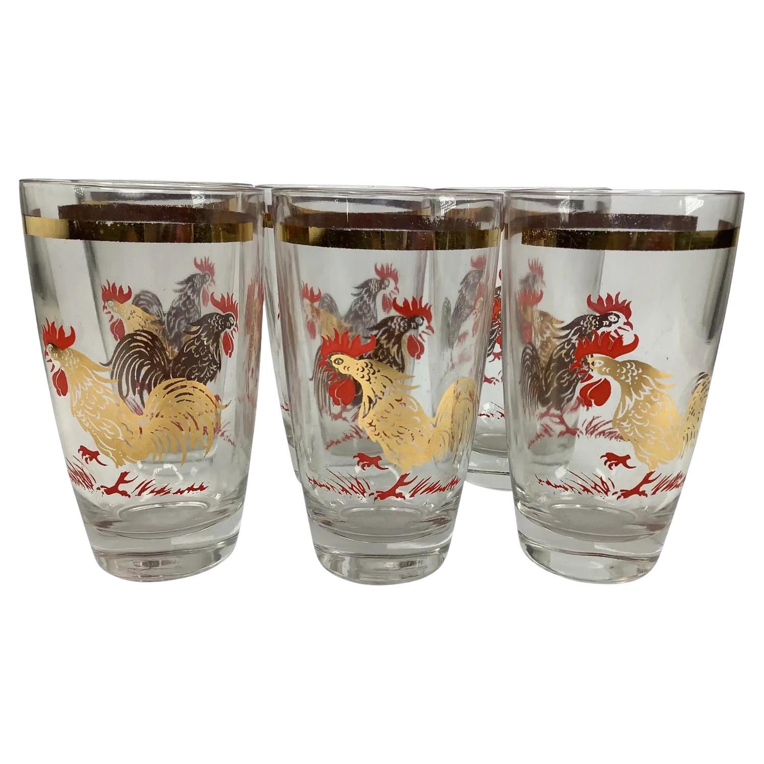 Set of 6 Vintage Highball Glasses With Rooster Decoration