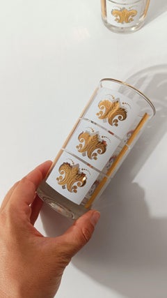 Set of 6 Vintage Highball / Tumbler Glasses with Gold Enameled Florentine Lily