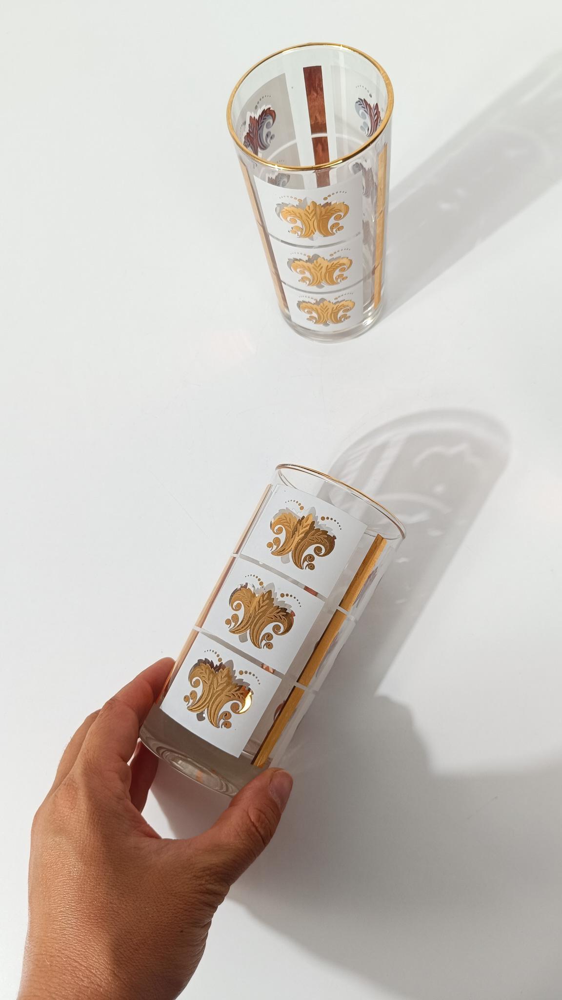 Mid-Century Modern Set of 6 Vintage Highball / Tumbler Glasses with Gold Enameled Florentine Lily For Sale