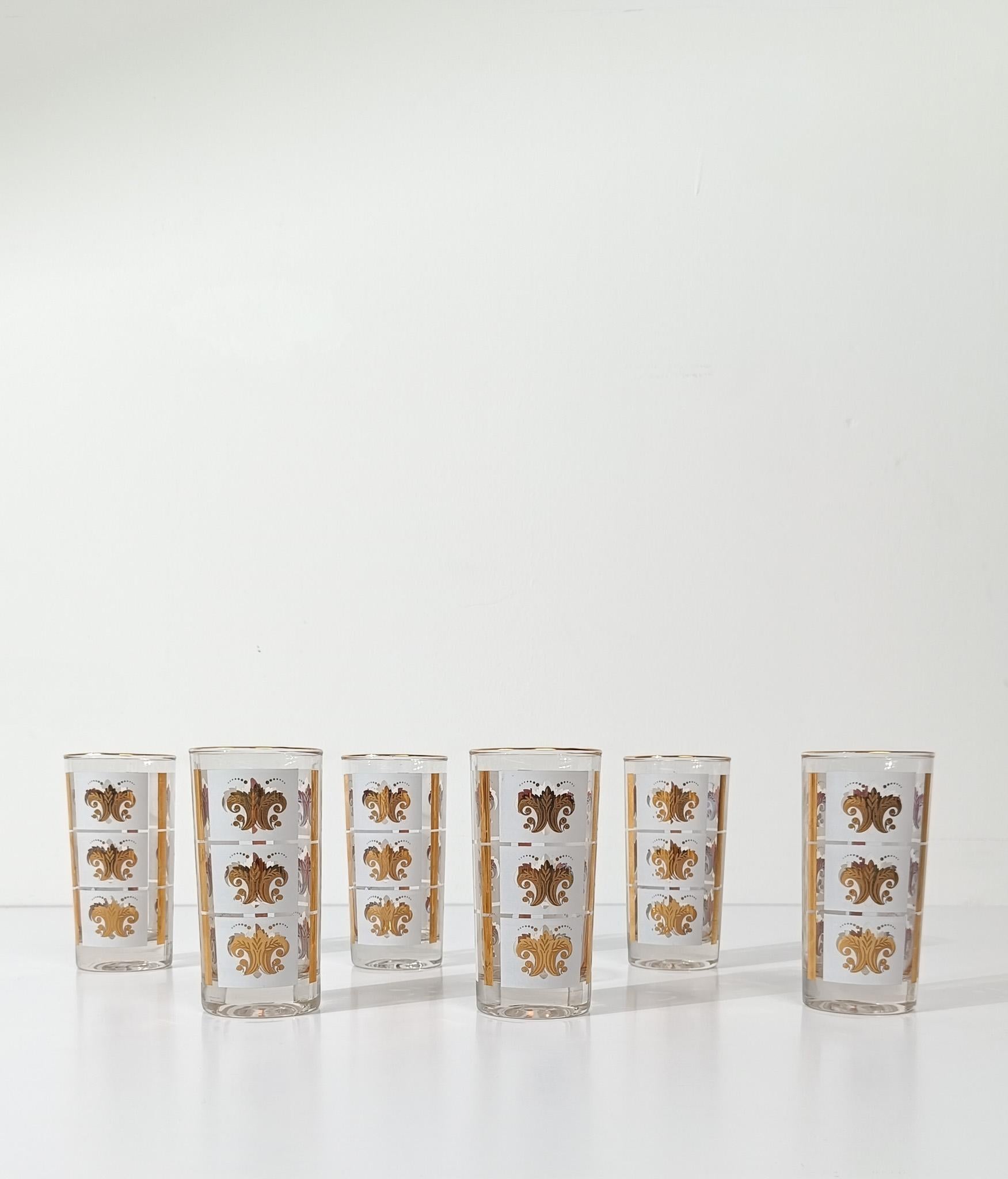Set of 6 Vintage Highball / Tumbler Glasses with Gold Enameled Florentine Lily For Sale 3