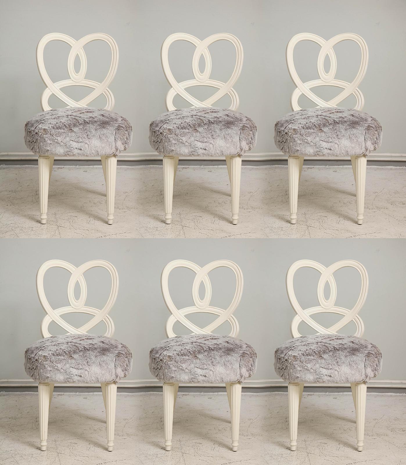 Set of 6 vintage Hollywood Regency chairs upholstered in faux fur.
