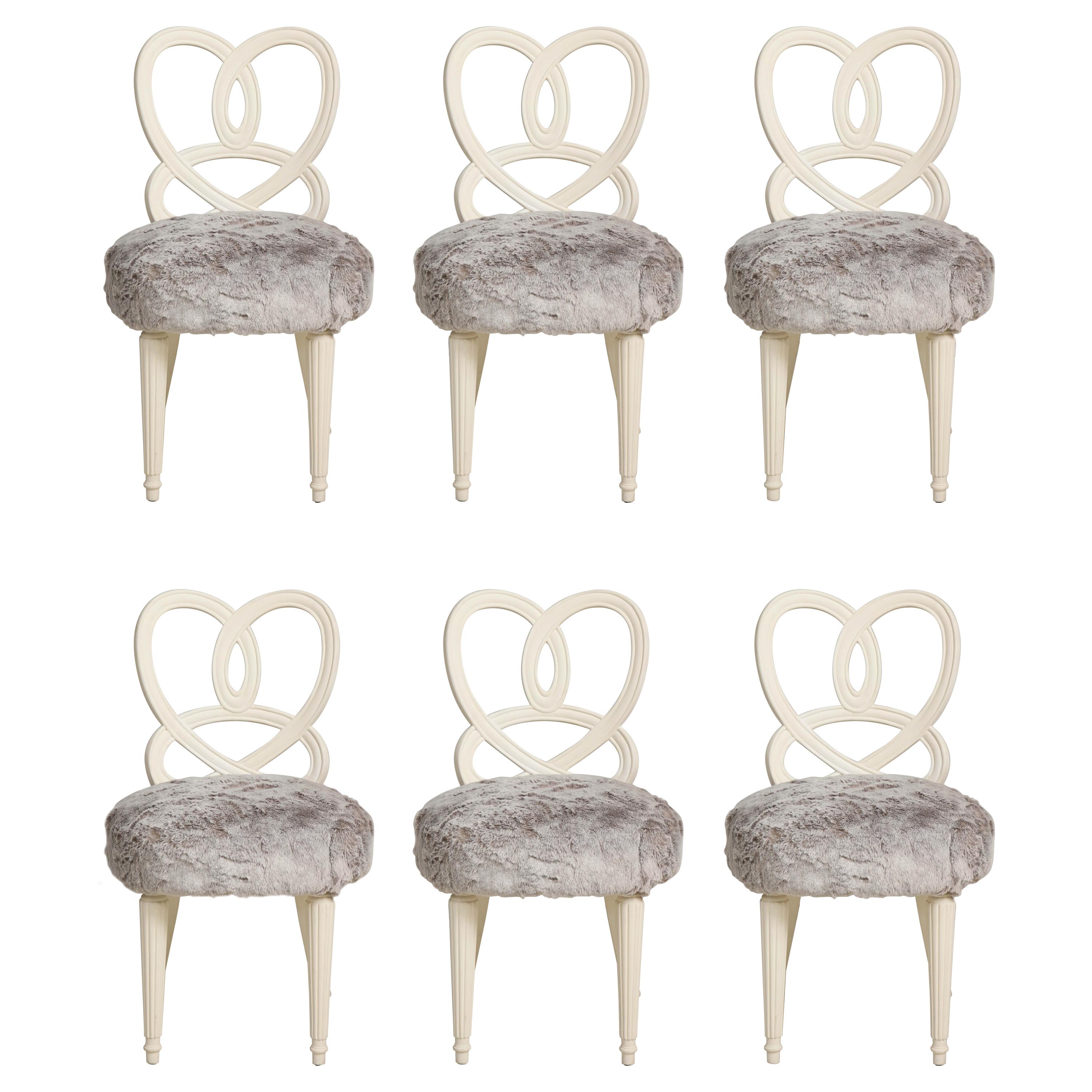Set of 6 Vintage Hollywood Regency Chairs Upholstered in Faux Fur