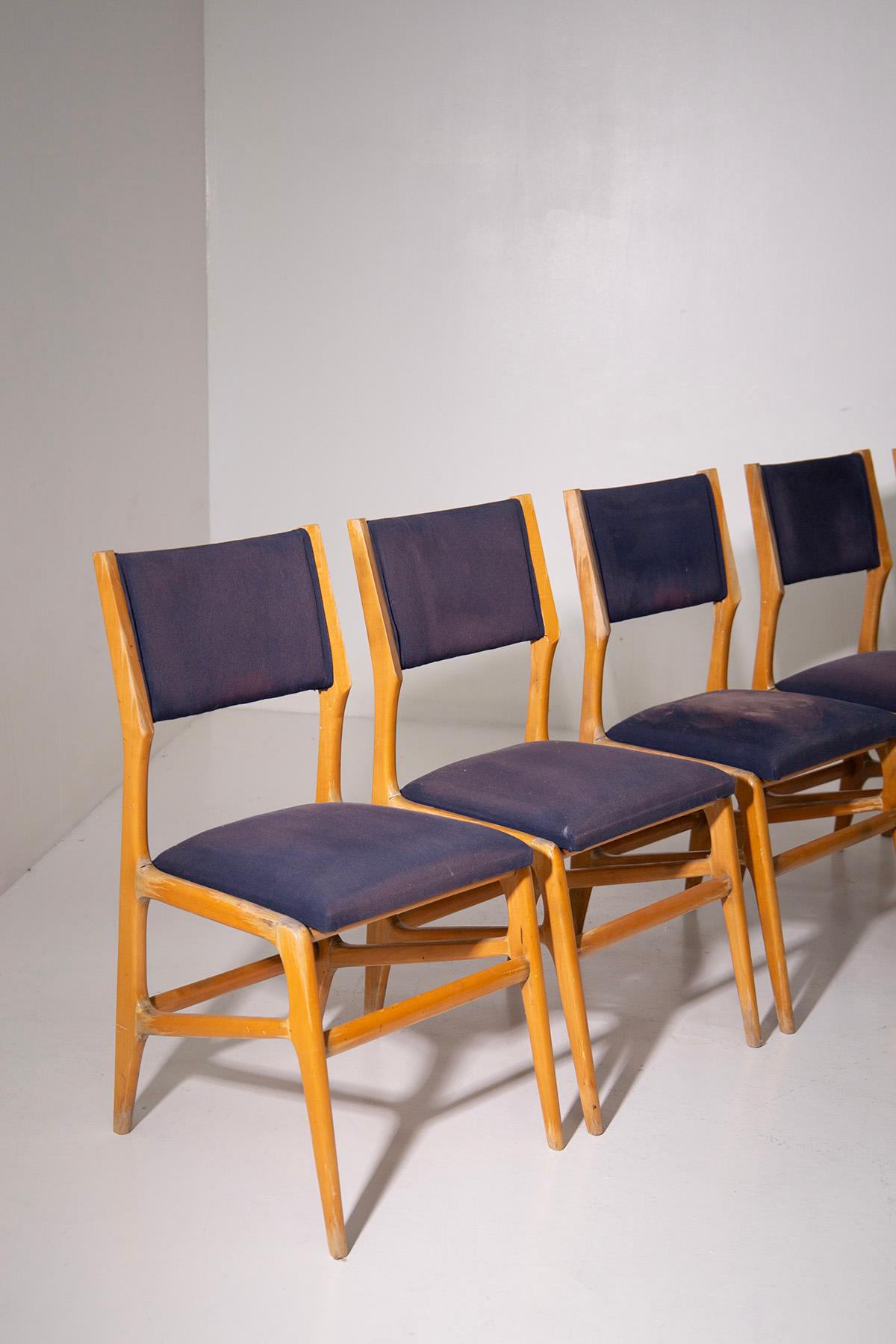 Mid-Century Modern Ensemble de 6 chaises italiennes vintage en tissu bleu en vente