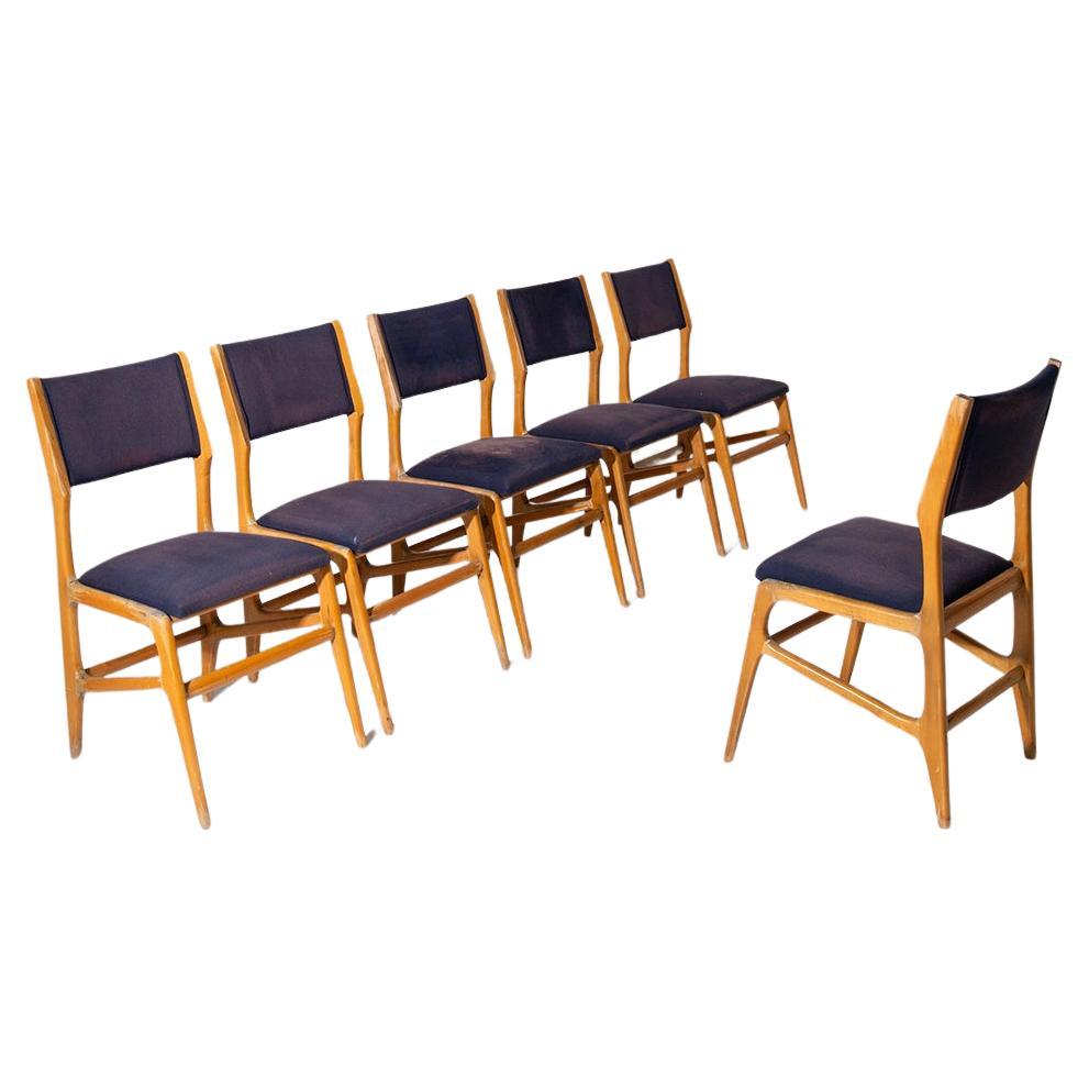 Set of 6 Vintage Iitalian chairs in blue fabric