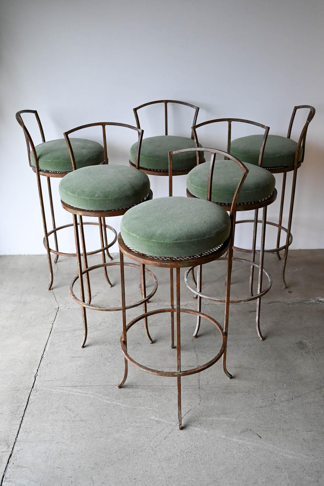 Set of 6 Vintage Iron and Mohair Barstools.  Beautifully designed with expanded metal seats and newly upholstered cushions in green mohair.  Self-leveling feet and sturdy frames.  These are Bar Height, seat measures 30