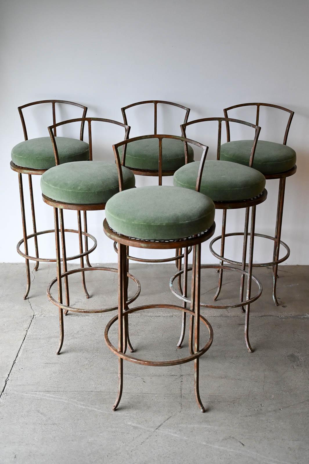 American Set of 6 Vintage Iron and Mohair Barstools