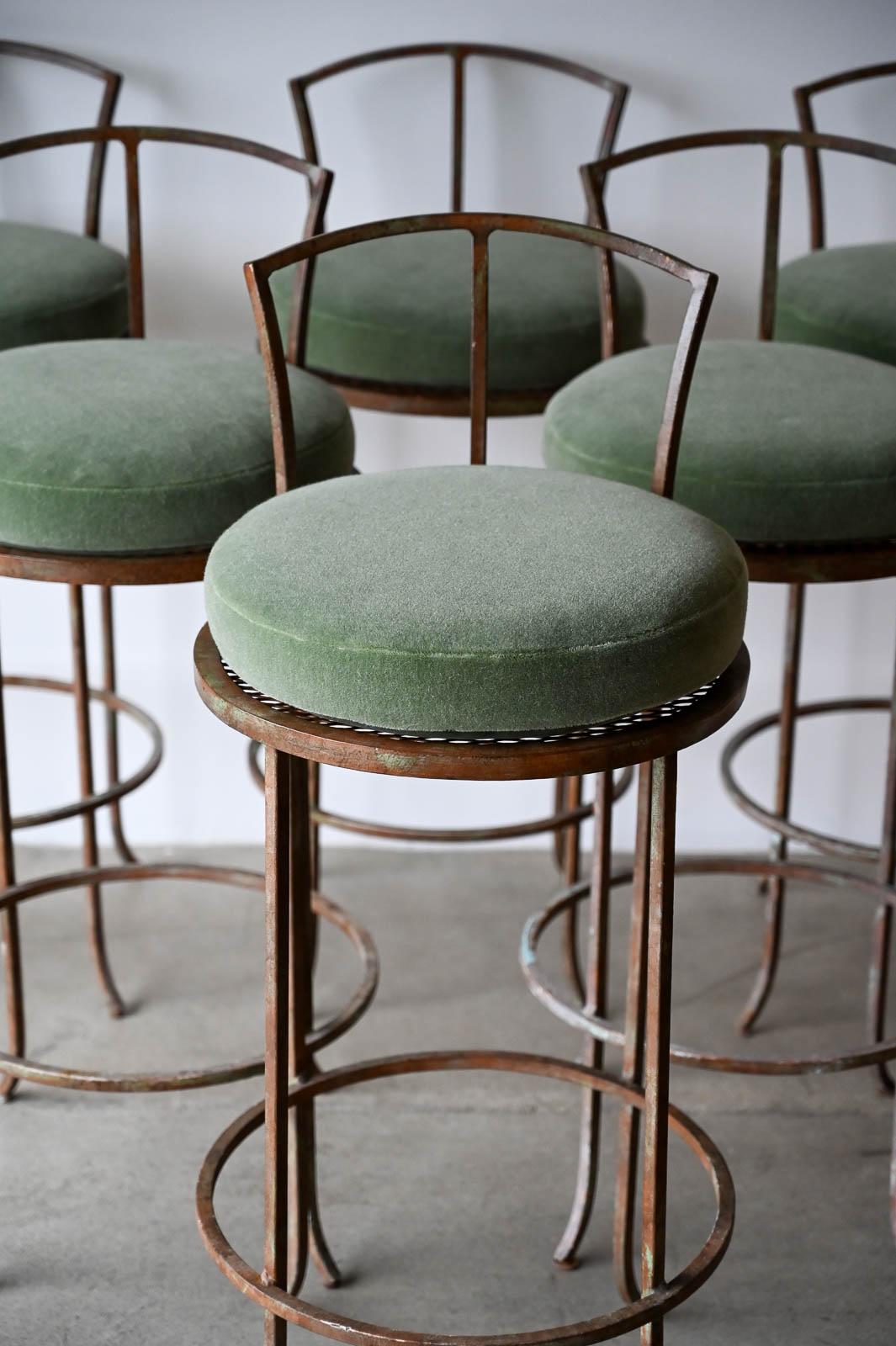 Set of 6 Vintage Iron and Mohair Barstools In Good Condition In Costa Mesa, CA