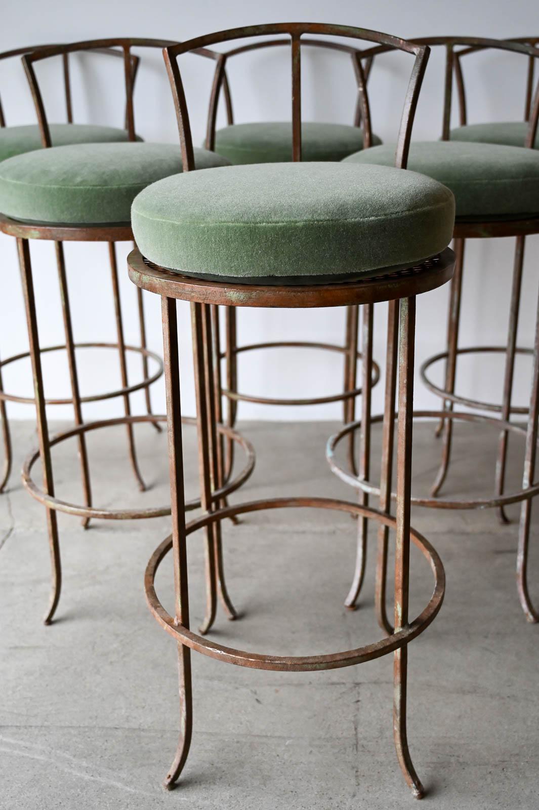 Late 20th Century Set of 6 Vintage Iron and Mohair Barstools