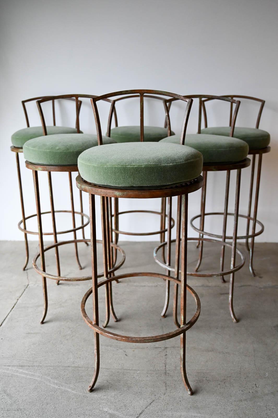 Wrought Iron Set of 6 Vintage Iron and Mohair Barstools