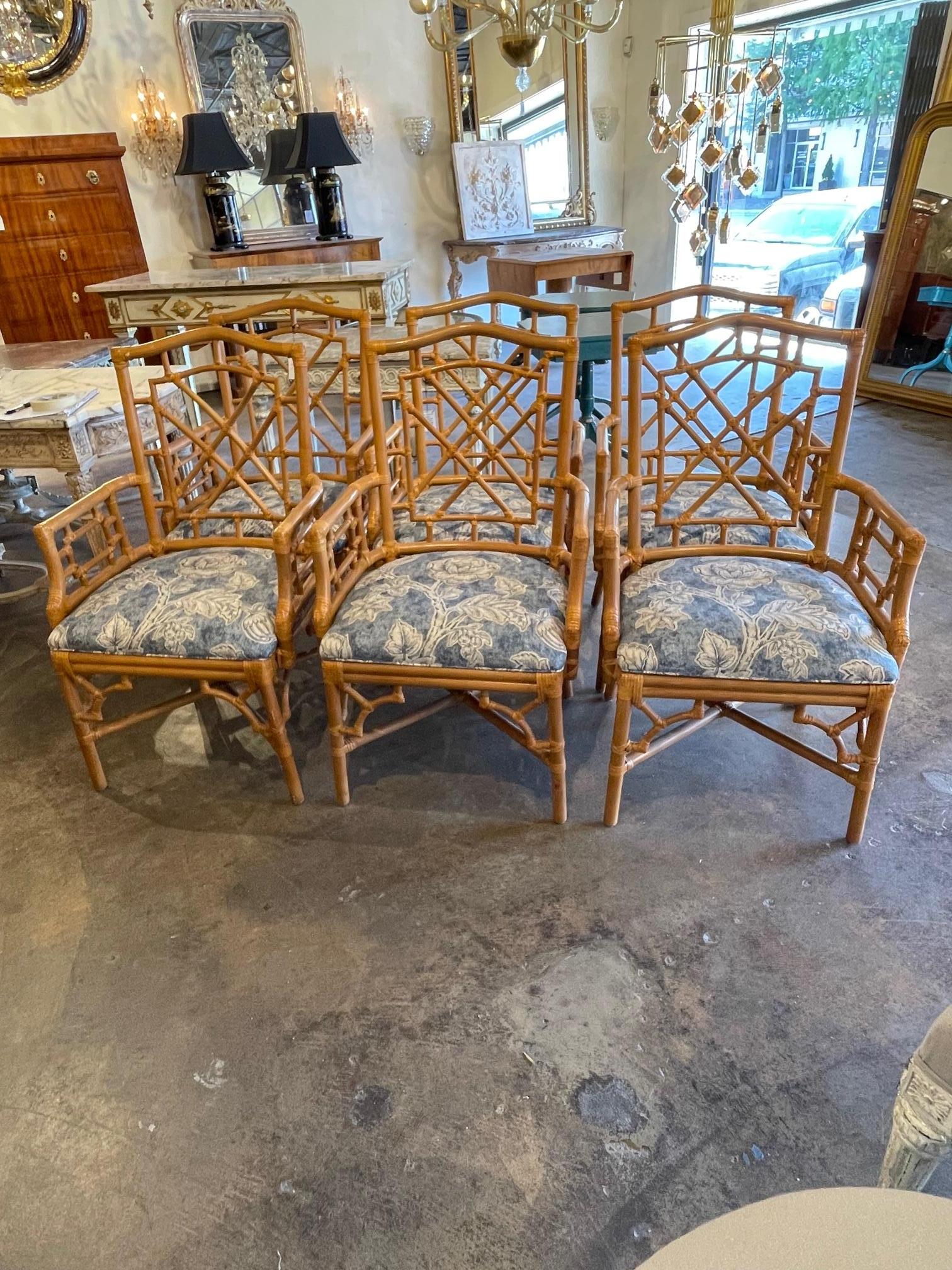 Decorative set of vintage Italian bamboo armchairs. Very nice intricate pattern on these chairs along with and gorgeous blue and white upholstery. Lovely!