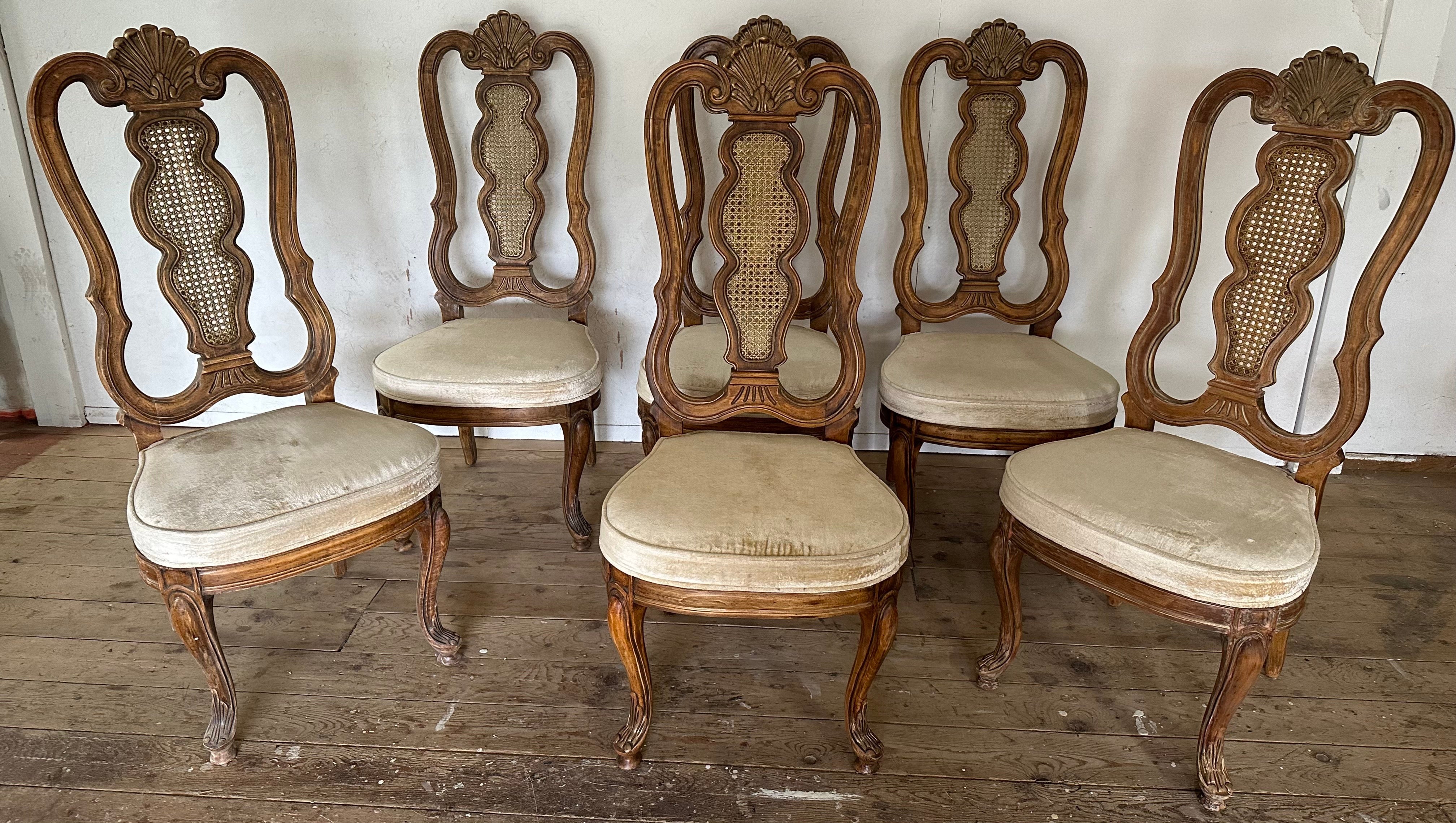 A special set of 6 carved wood Italian baroque or Swedish Rococo style dining chairs, upholstered in  textured cream fabric, carved wood detail on  back & legs, featuring tall shapely inset woven cane backs, Queen Anne style legs in solid wood