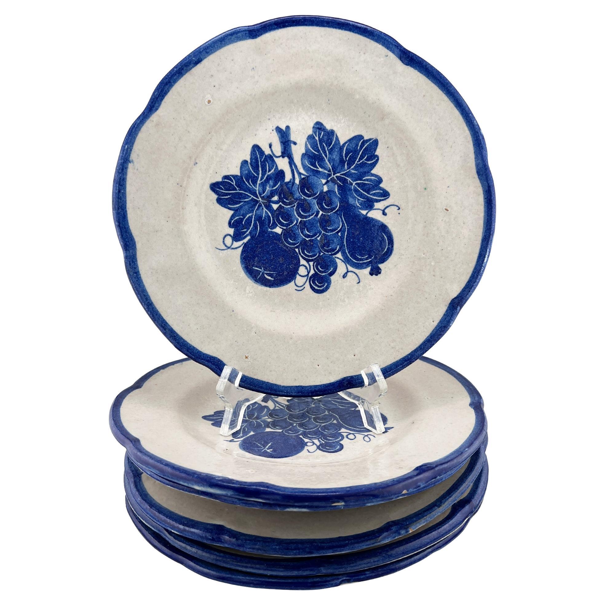 Set di 6 piatti vintage italiani con motivi di frutta bianchi e blu, dipinti a mano - Italia in vendita