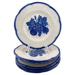 Set di 6 piatti vintage italiani con motivi di frutta bianchi e blu, dipinti a mano - Italia