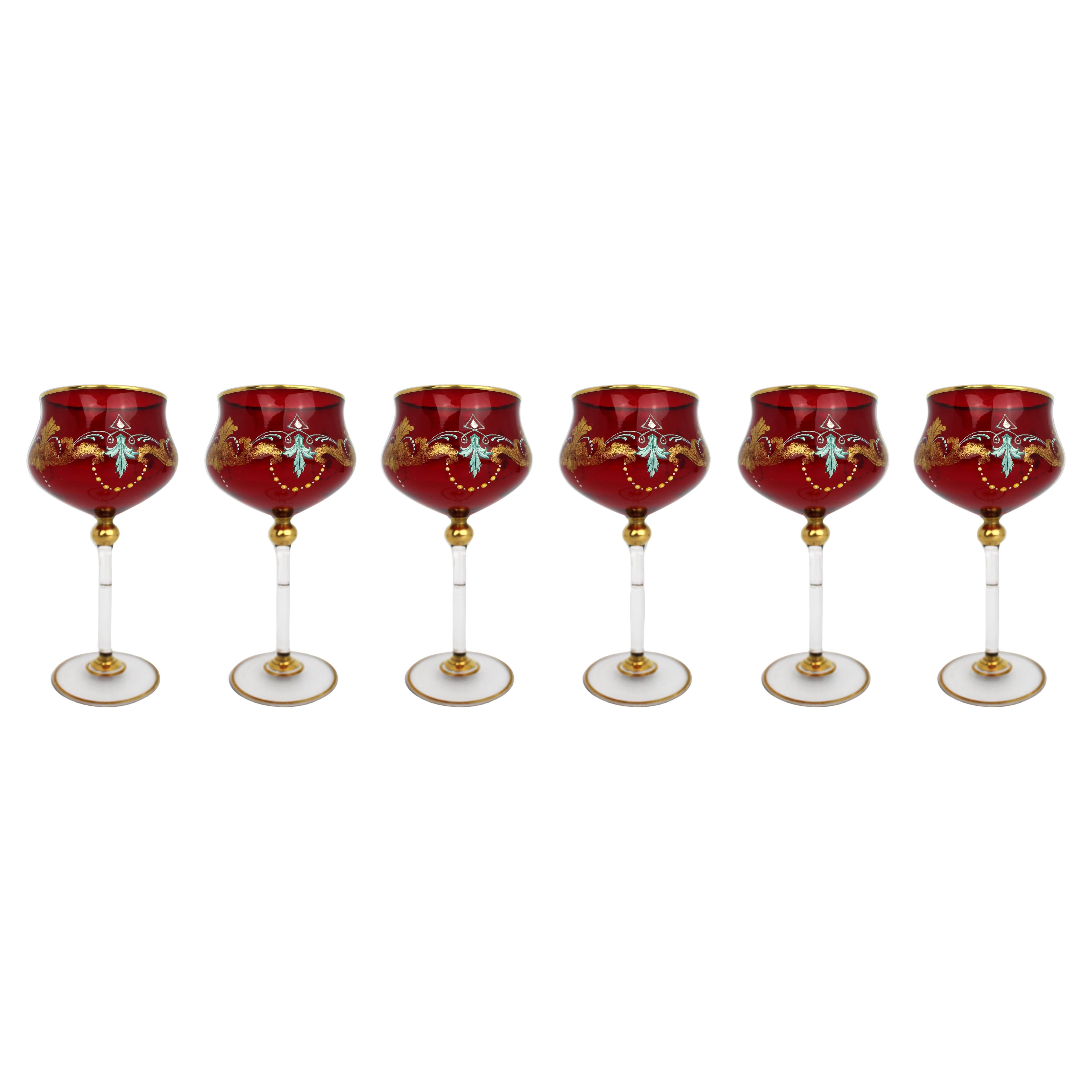 Set of 6 Vintage Italian Enamelled & Gilt Ruby Red Glass Goblets, c.1950s