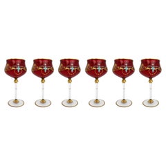 Set of 6 Vintage Italian Enamelled & Gilt Ruby Red Glass Goblets, c.1950s