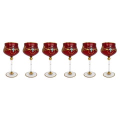 Set of 6 Vintage Italian Enamelled & Gilt Ruby Red Glass Goblets