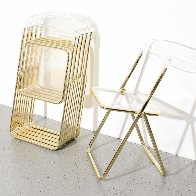 Set of 6 vintage Lucite folding chairs by Brevettato of Italy. Brass colored frames.