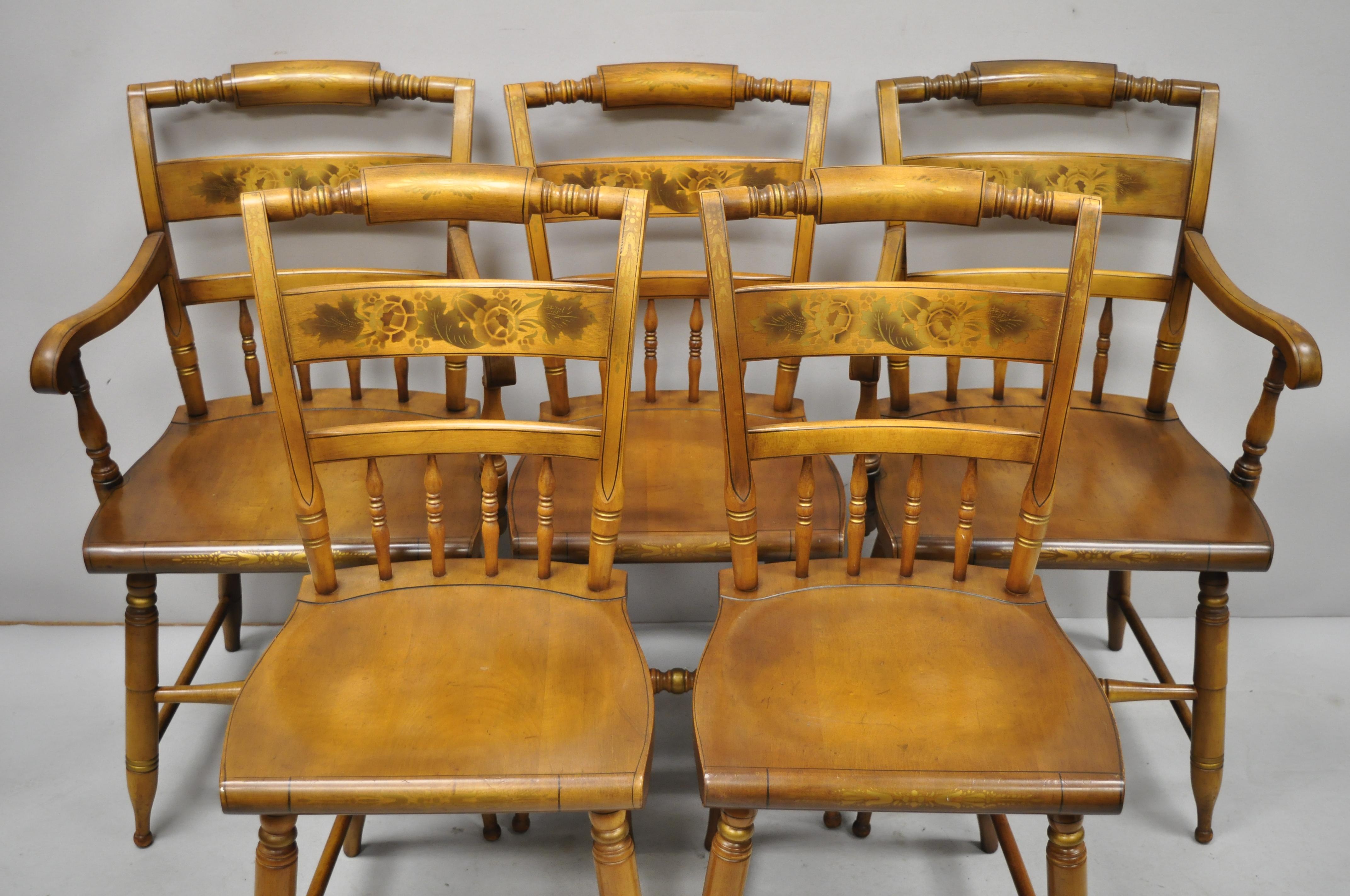 Set of 6 vintage L. Hitchcock Stenciled Farmhouse Harvest dining chairs. Listing includes (2) armchairs, (4) side chairs, solid wood construction, beautiful wood grain, original signature, very nice antique item, quality American craftsmanship,