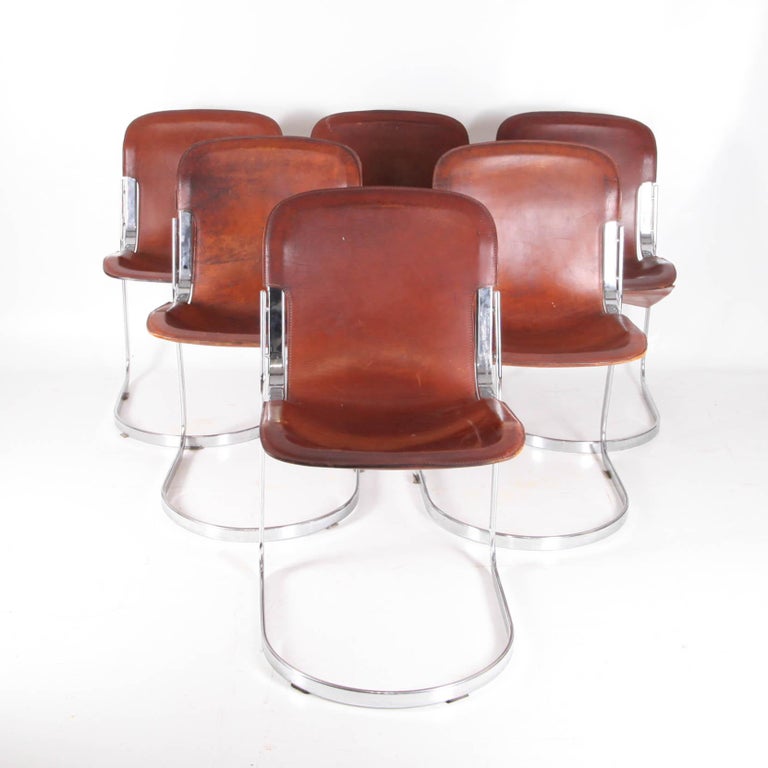 set of 6 vintage leather and chrome metal chairs For Sale at 1stDibs