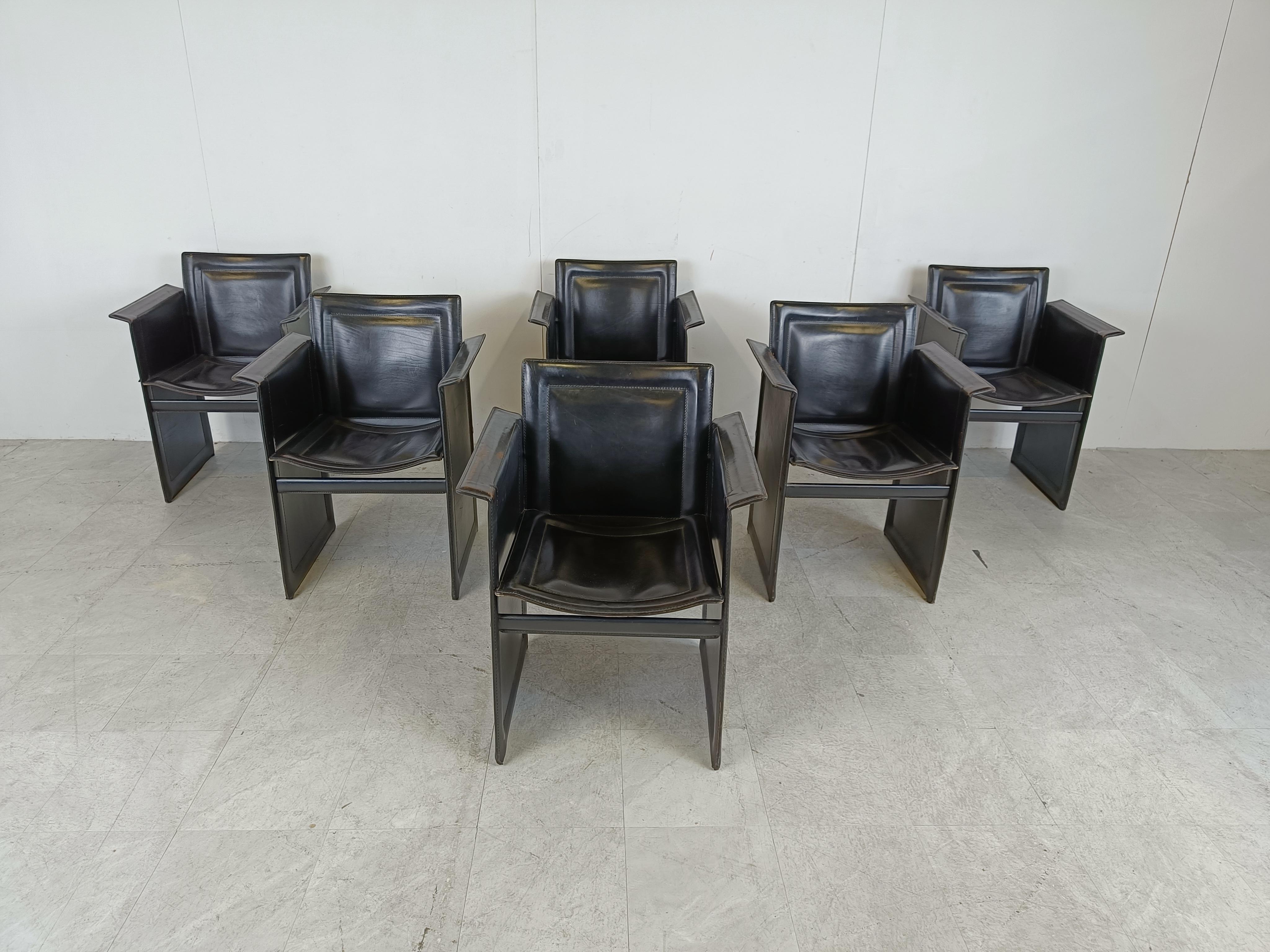 Set of 6 black leather armchairs by Arrben Italy.

The chairs have wear and tear, two have some clear wear on the armrests, the other 4 are in good used condition.

1970s - Italy

Dimensions
Height: 80cm/31.49