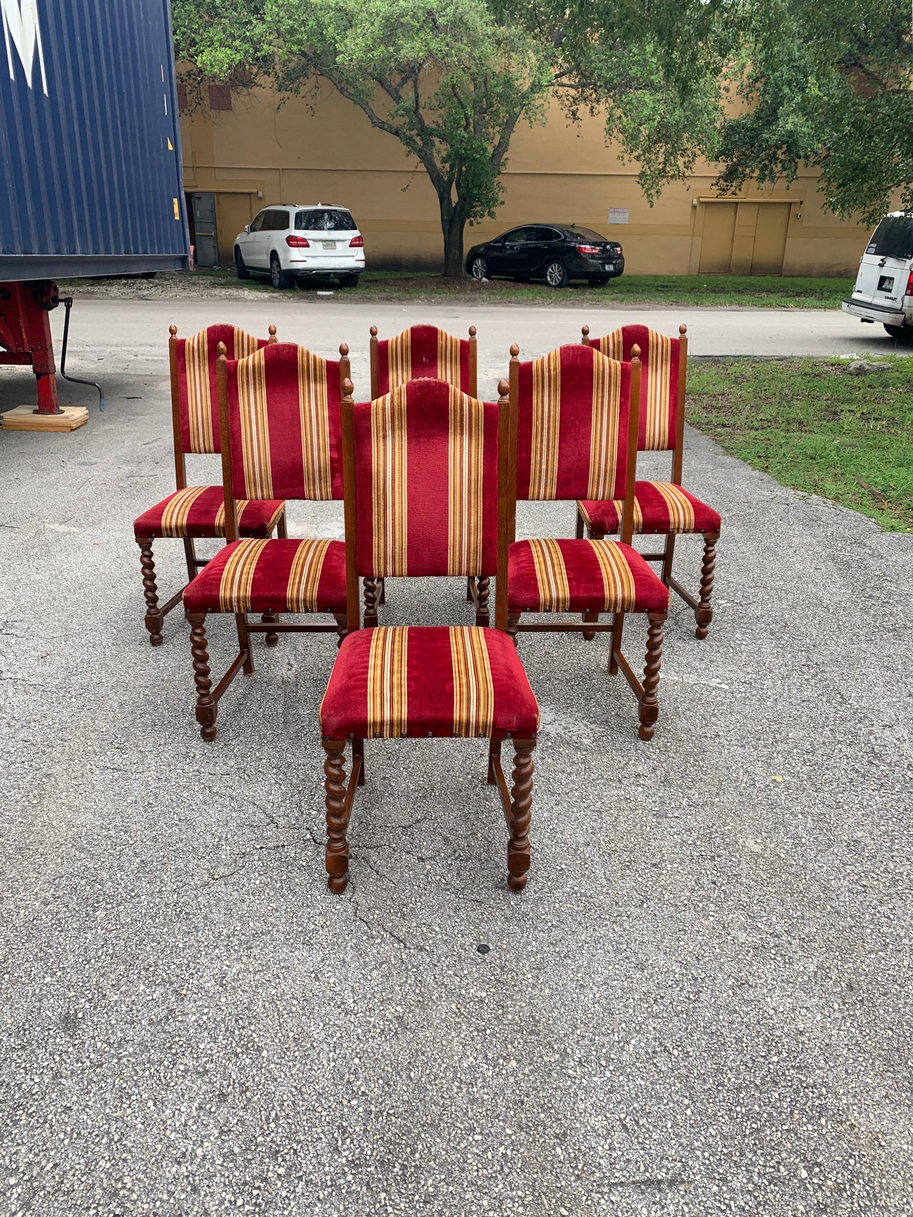 Fine set of 6 Louis XIII style barley twist dining chairs with chapeau de gendarme backs, circa 1880s.? With a deep rich patina, these comfortable chairs are solid and very sturdy, ready for everyday use. ( the velvet Fabric is recommended to be